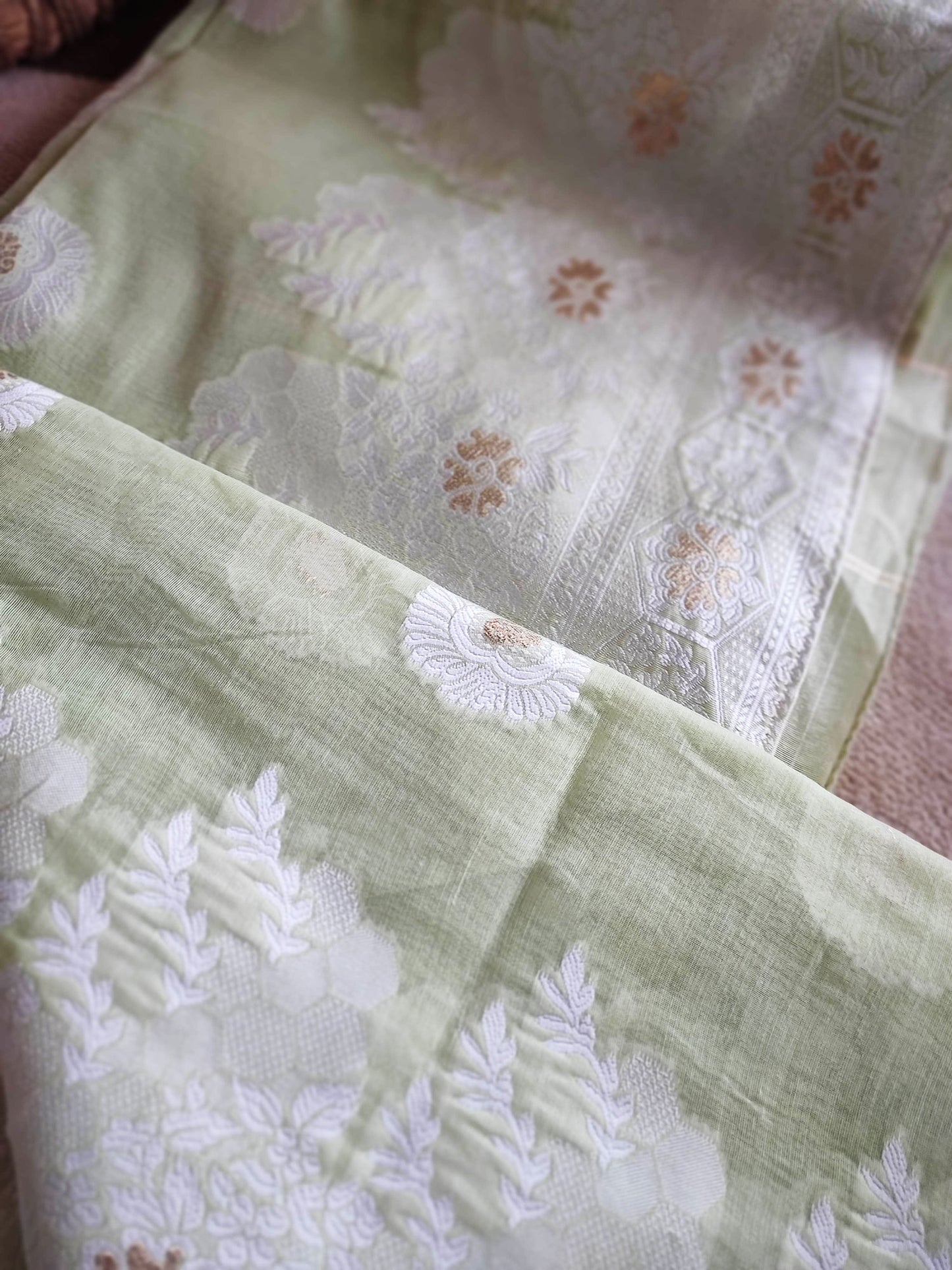 Tea Green Cotton by Silk Saree with Weaved Pallu and Border