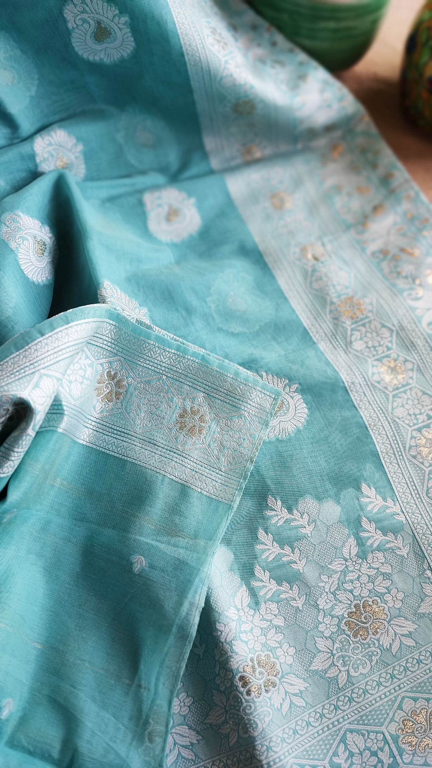 Light Blue Cotton by Silk Saree with Weaved Pallu and Border