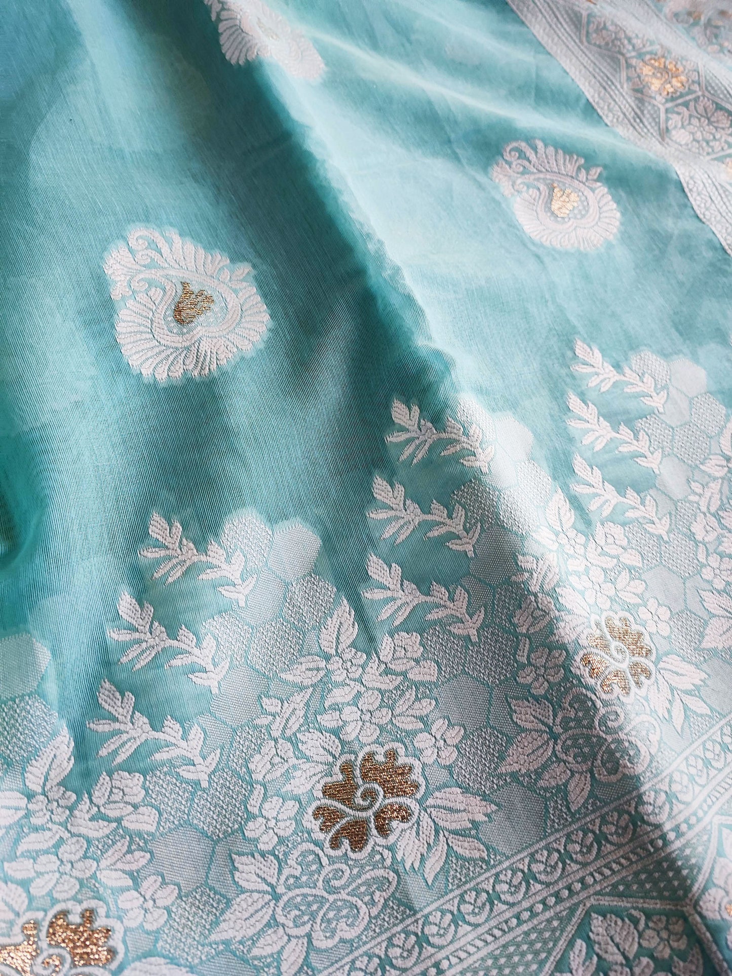 Light Blue Cotton by Silk Saree with Weaved Pallu and Border