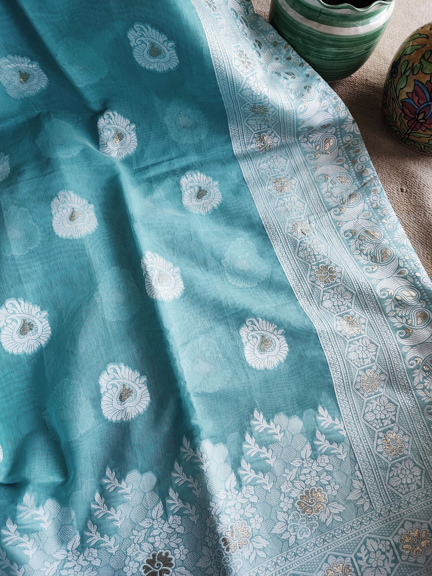 Light Blue Cotton by Silk Saree with Weaved Pallu and Border