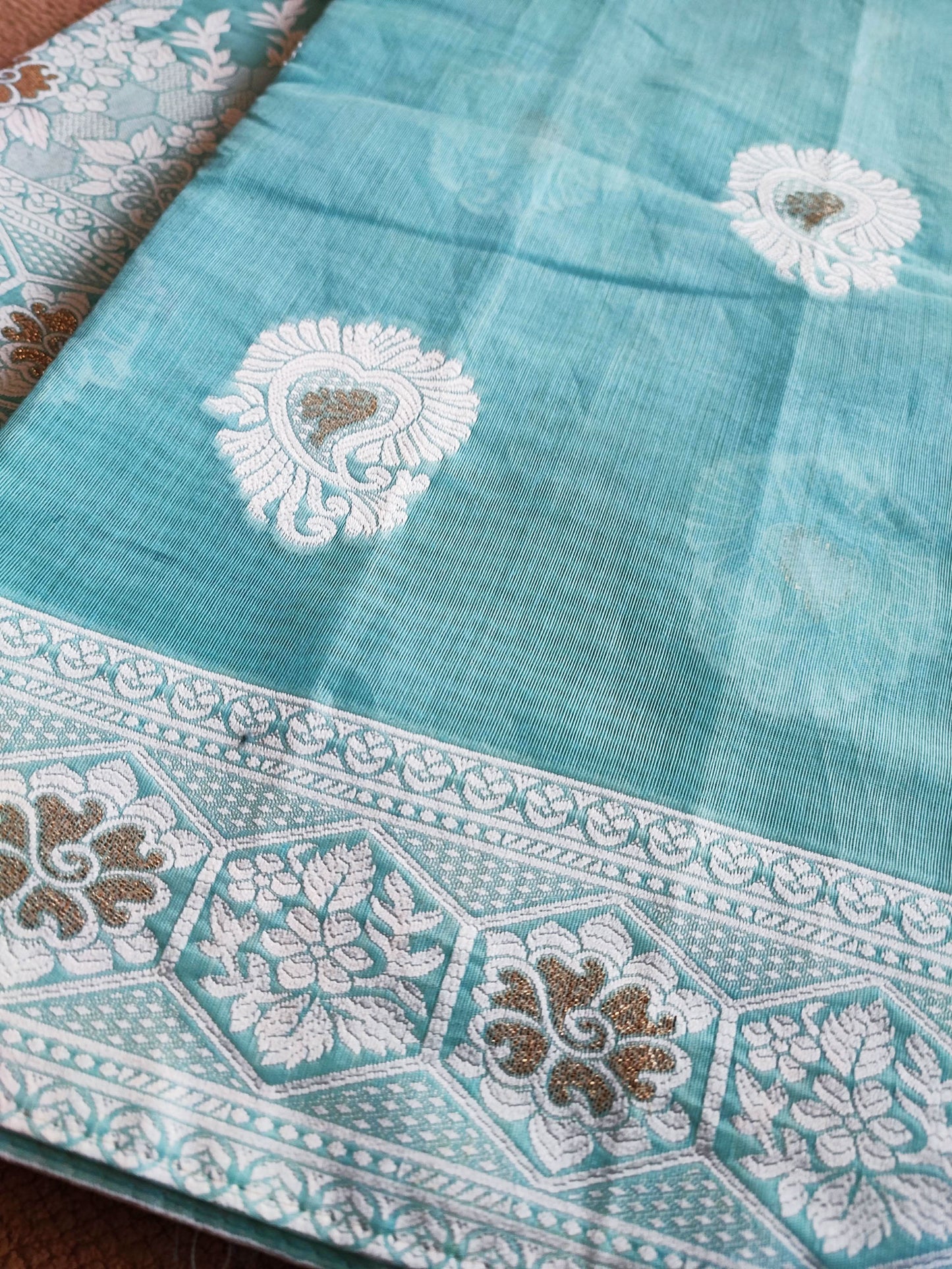 Light Blue Cotton by Silk Saree with Weaved Pallu and Border