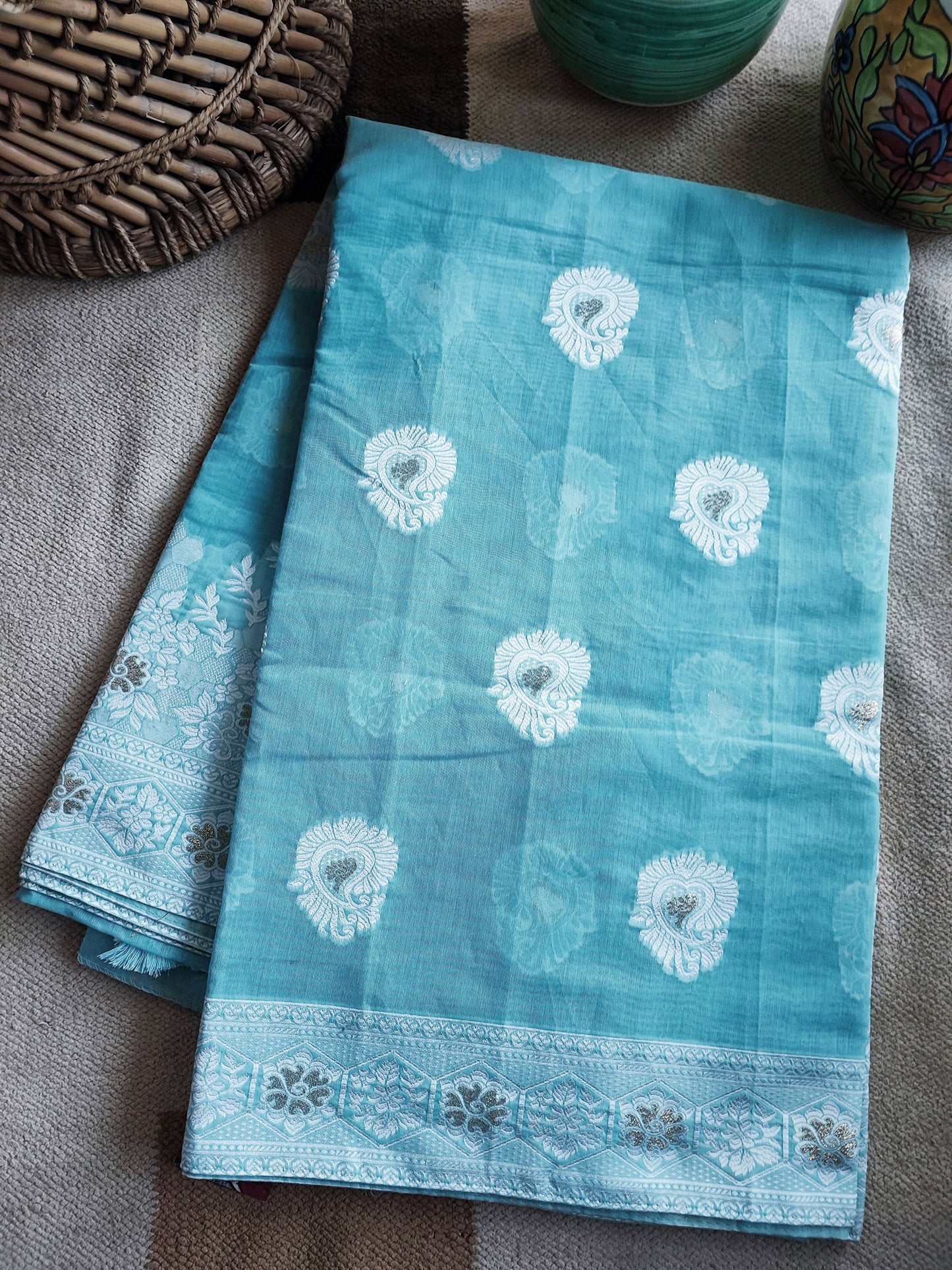 Light Blue Cotton by Silk Saree with Weaved Pallu and Border