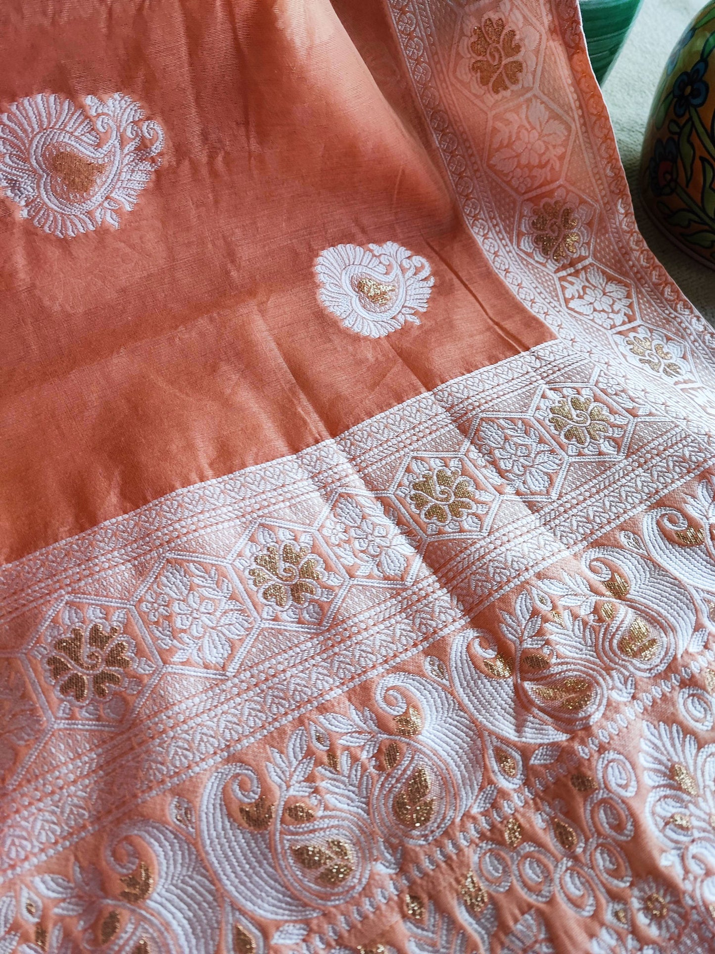 Peach Cotton by Silk Saree with Weaved Pallu and Border