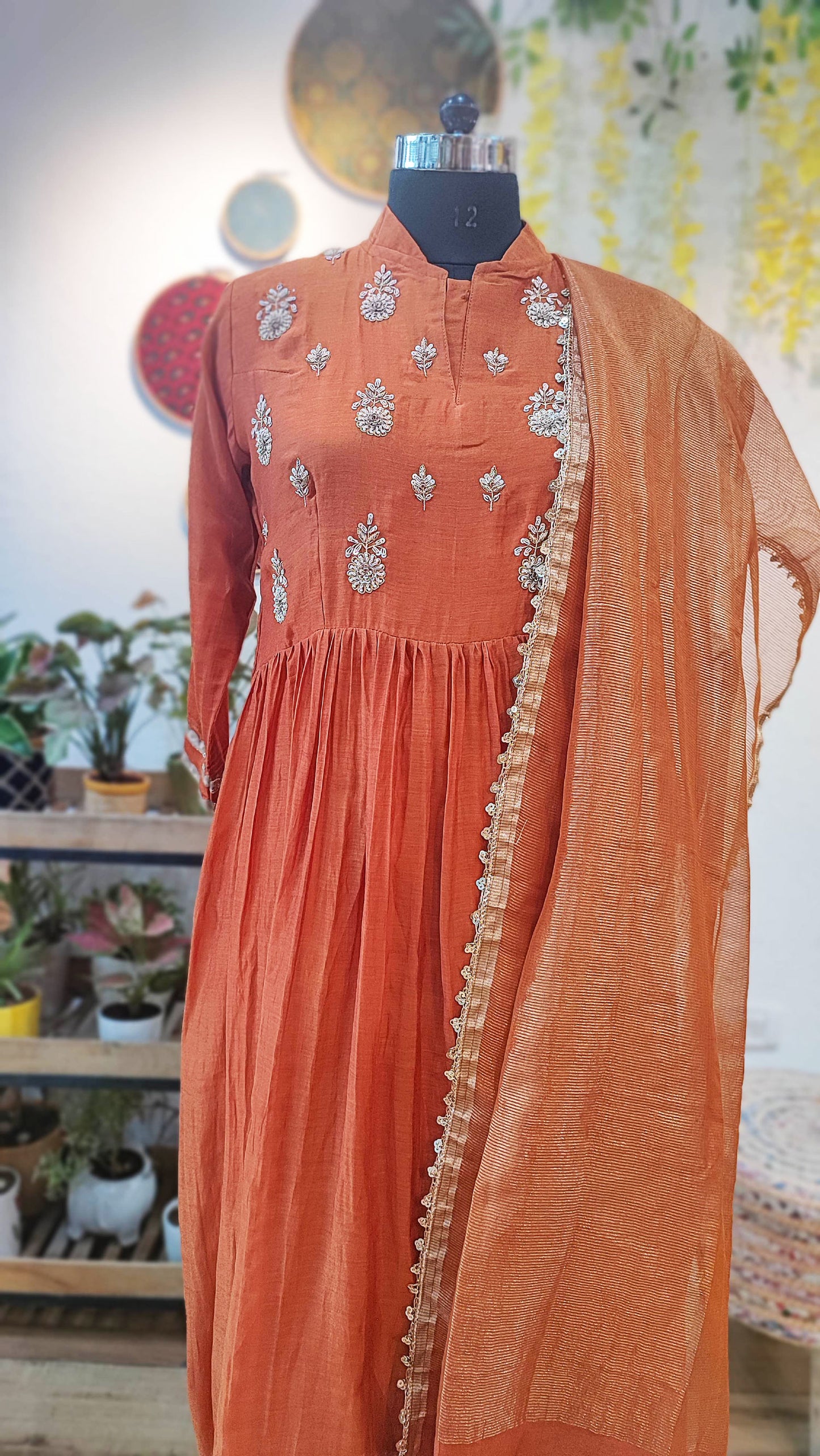 Kesariya Mul Chanderi Ready Silk Suit with Handwork, Tissue Dupatta, and Cotton Bottom