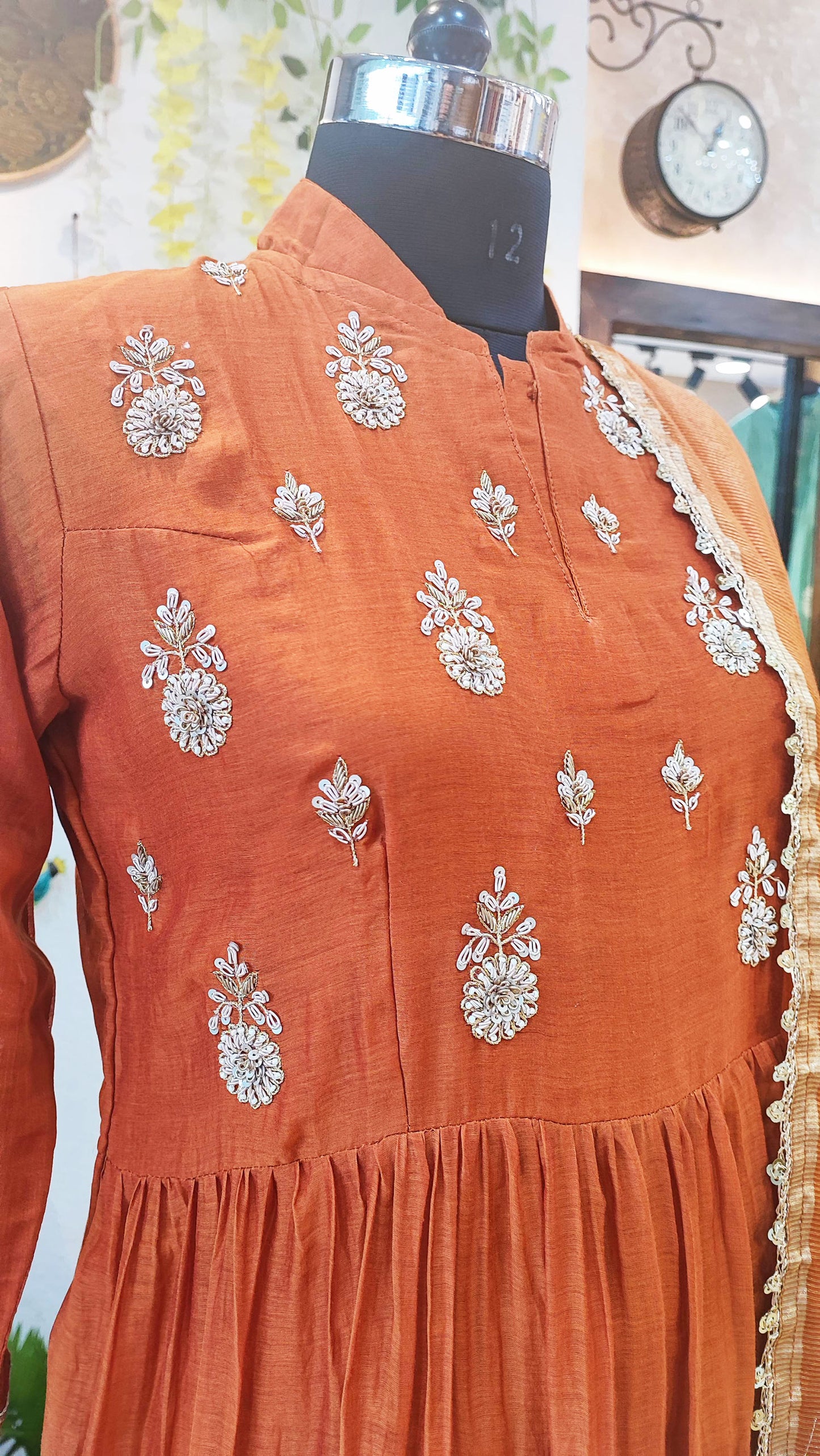 Kesariya Mul Chanderi Ready Silk Suit with Handwork, Tissue Dupatta, and Cotton Bottom