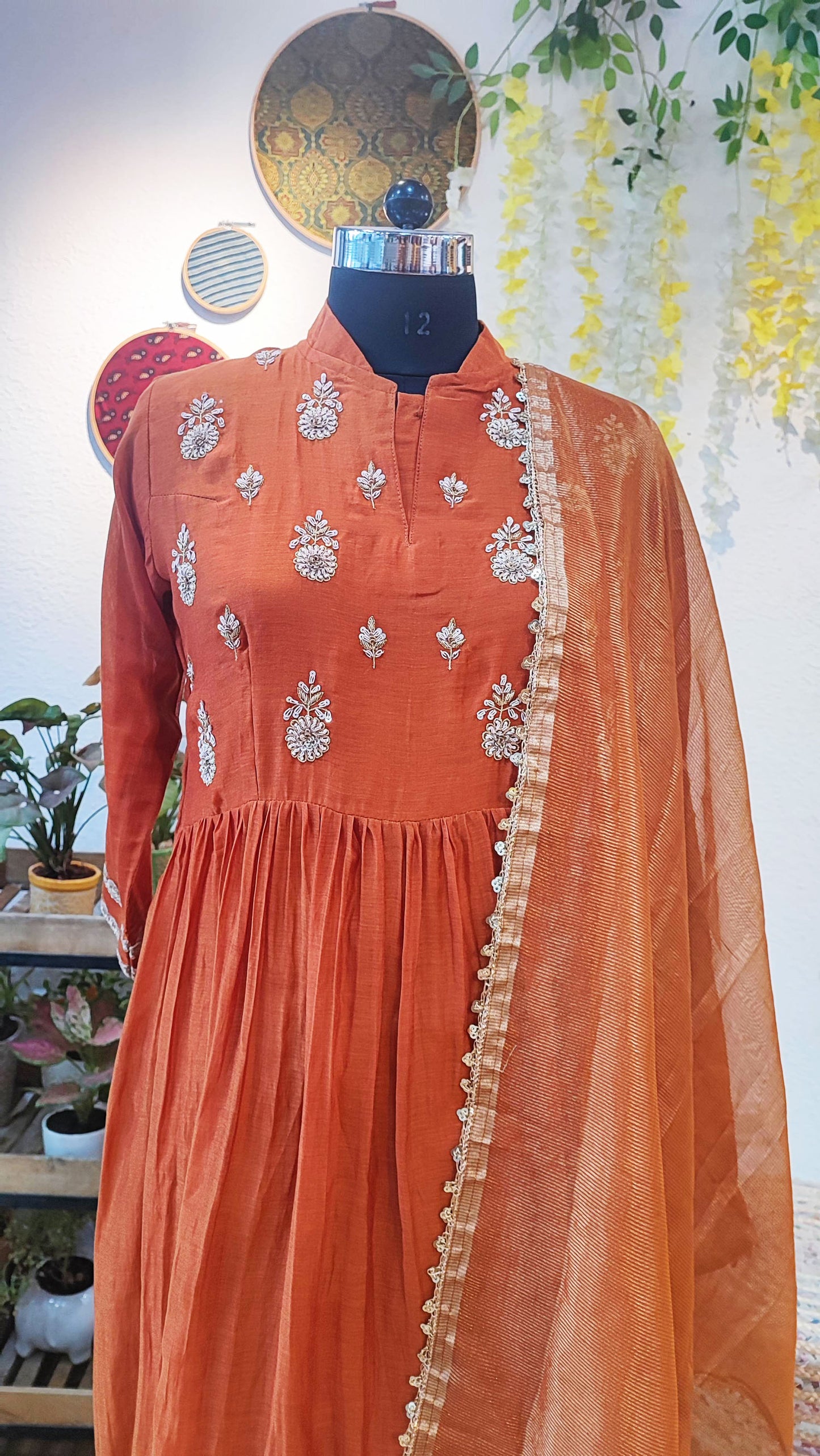 Kesariya Mul Chanderi Ready Silk Suit with Handwork, Tissue Dupatta, and Cotton Bottom