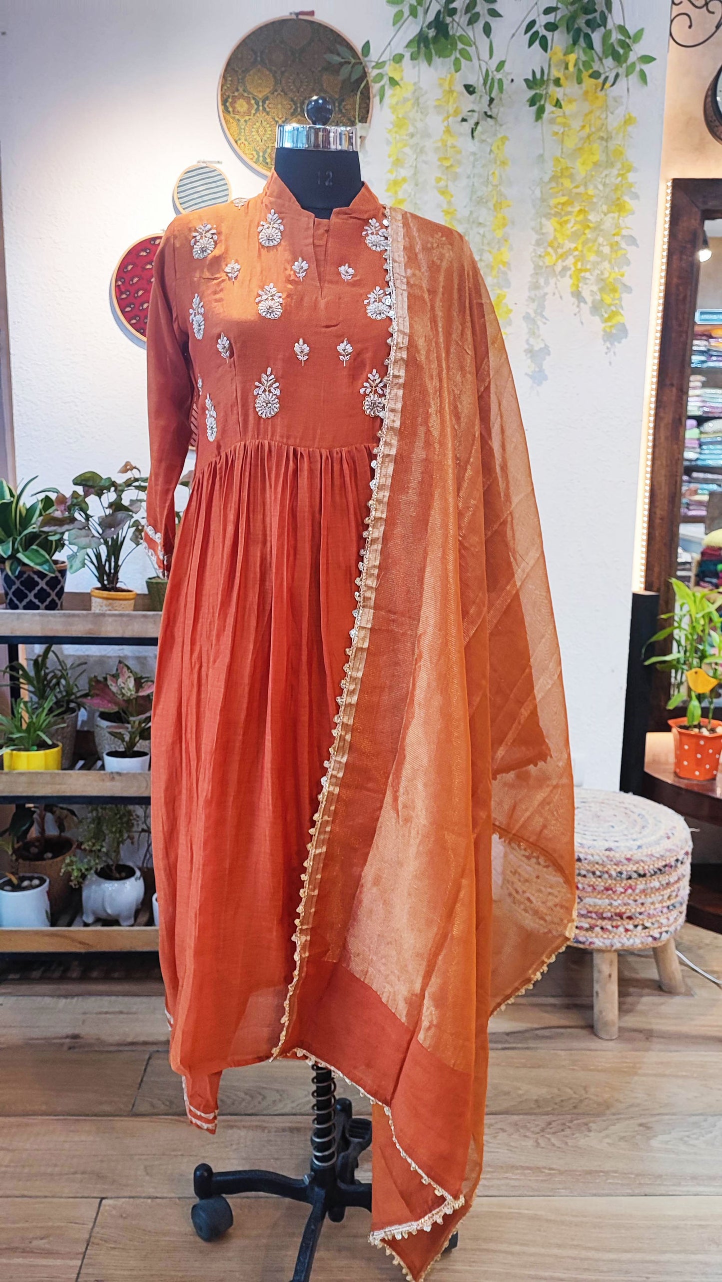 Kesariya Mul Chanderi Ready Silk Suit with Handwork, Tissue Dupatta, and Cotton Bottom