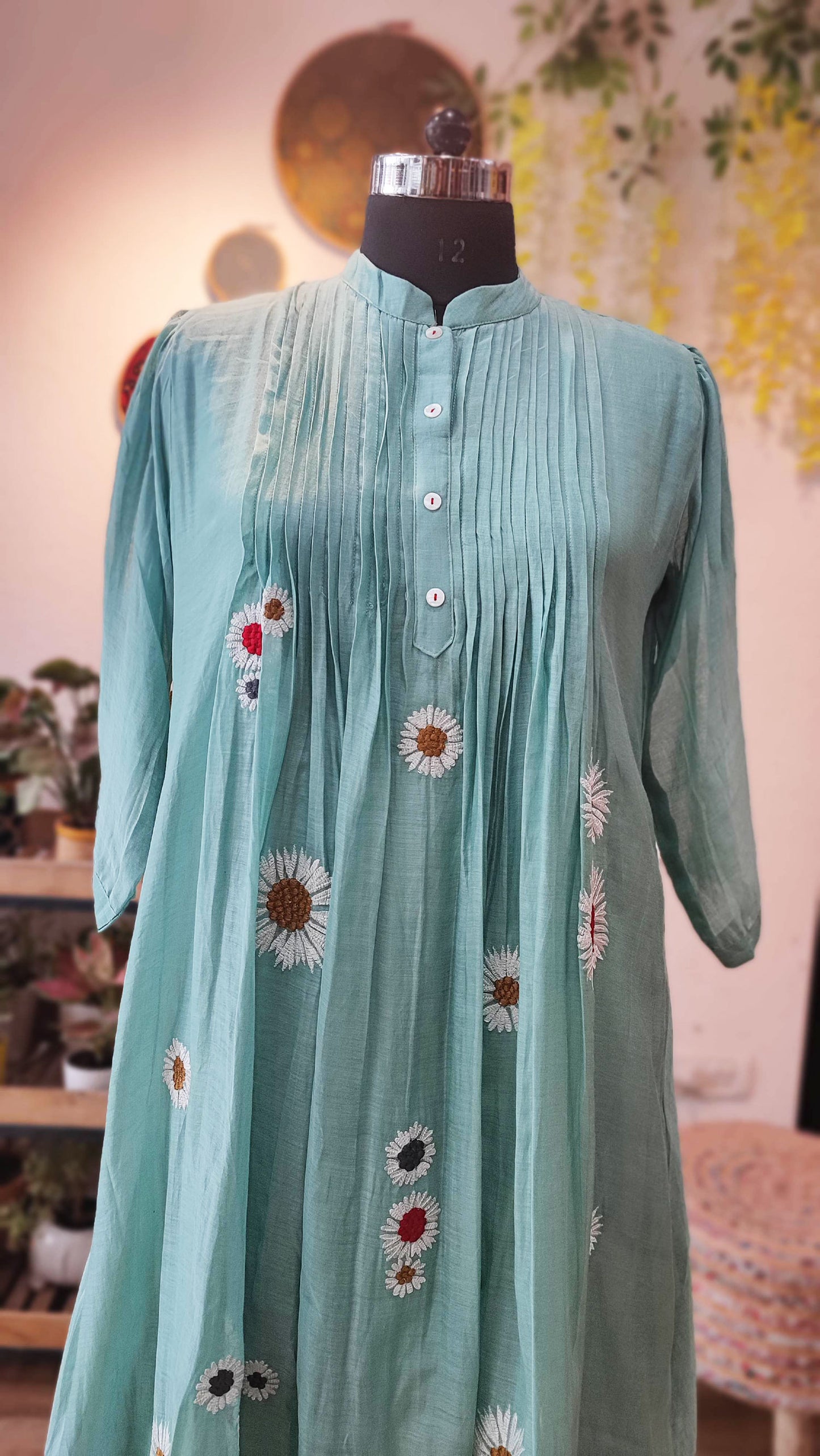 Teal Green 2-Piece Mul Chanderi Silk Suit With Handwork With  Cotton Bottom