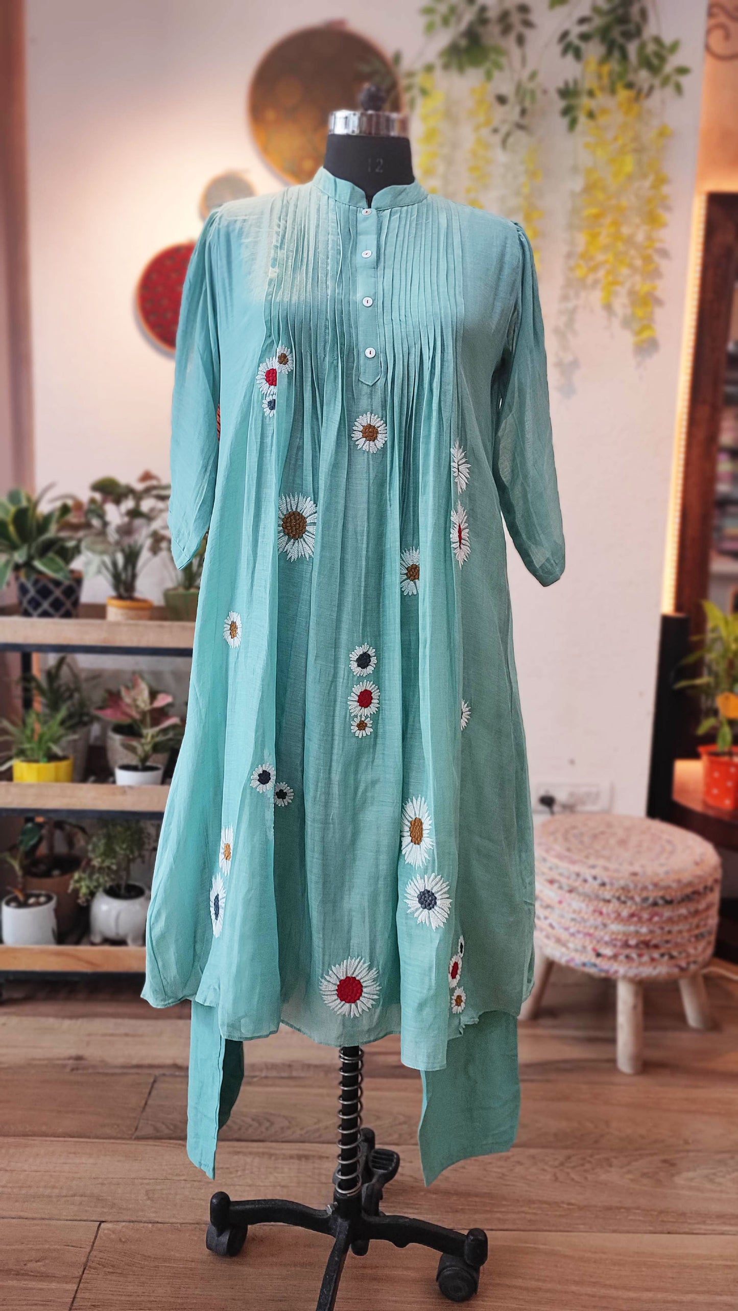 Teal Green 2-Piece Mul Chanderi Silk Suit With Handwork With  Cotton Bottom