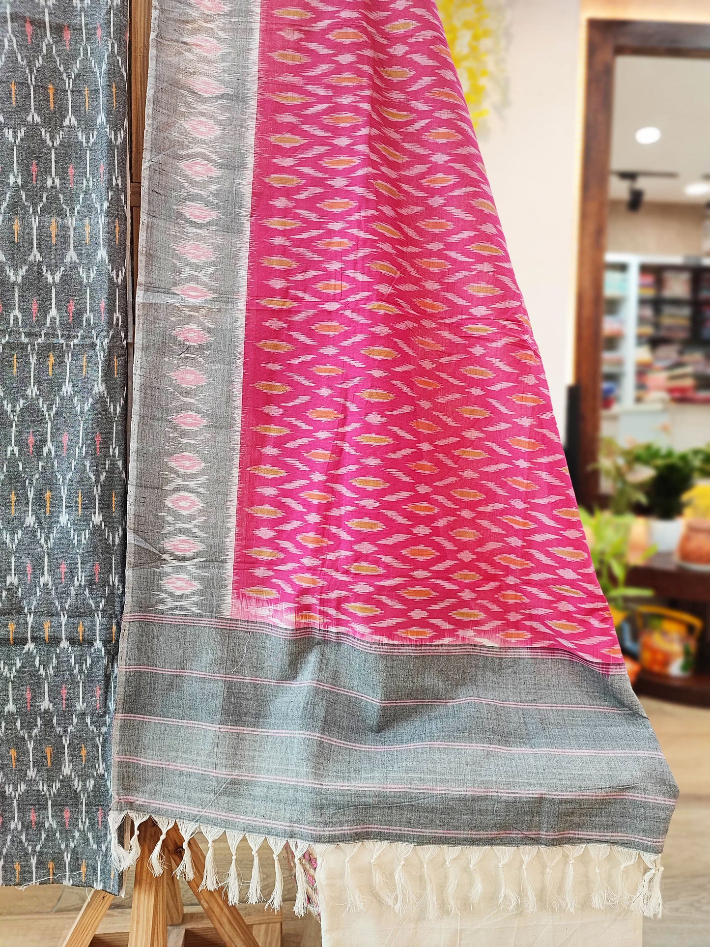 Stone Gray & Pink Pure Cotton Handloom Ikkat Suit Set