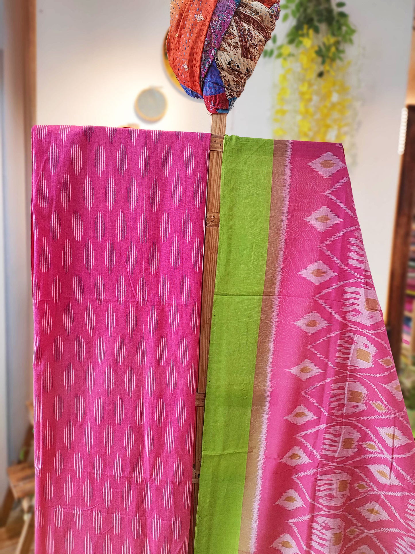 Apple Green & Deep Pink Pure Cotton Handloom Ikkat Suit Set