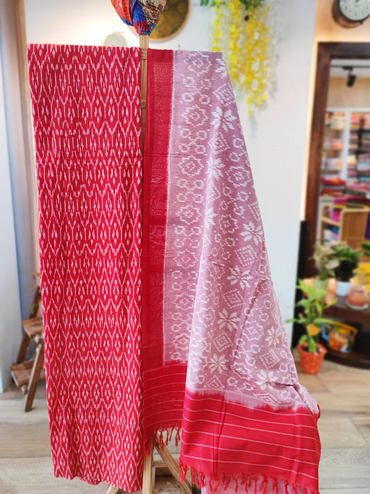 Crimson & Bubblegum Pink Pure Cotton Handloom Ikkat Suit Set