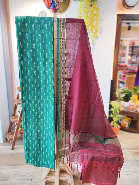 Jade Green and Dark Pink Pure Cotton Handloom Ikkat Suit Set