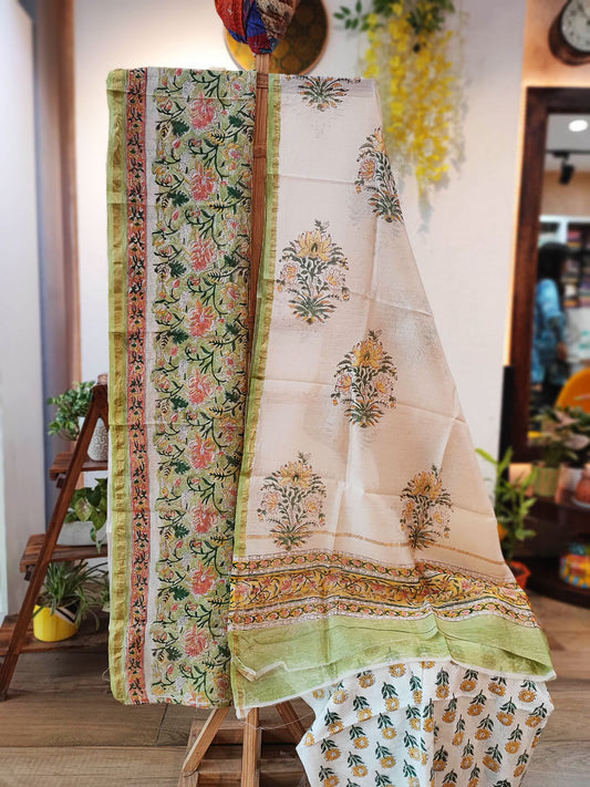 Offwhite & Pastel Green Chanderi Silk Suit Set with Floral Handblock Print