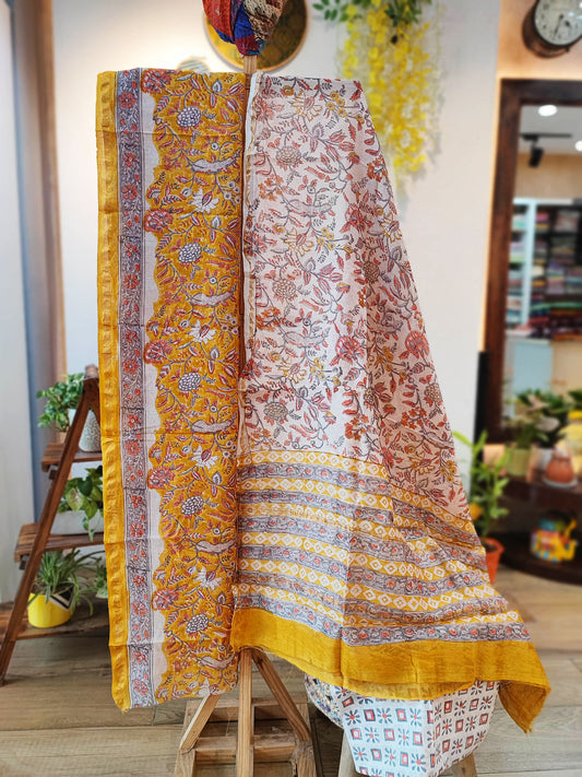 Off White & Mustard Chanderi Silk Suit Set with Floral Handblock Print