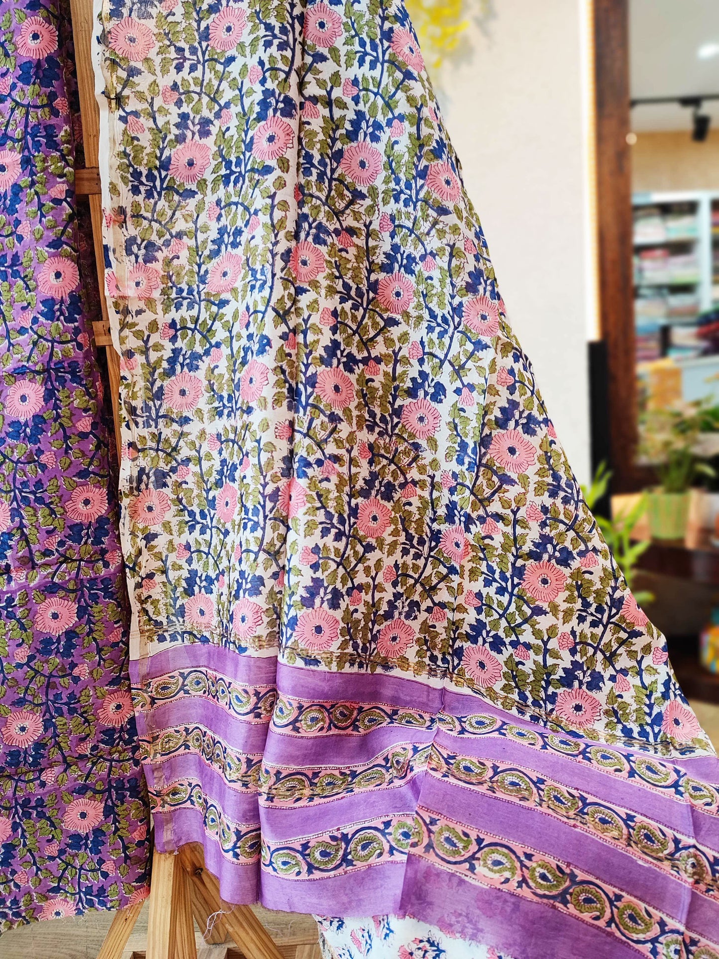 Purple, Blue & Peach Chanderi Silk Suit Set with Floral Handblock Print