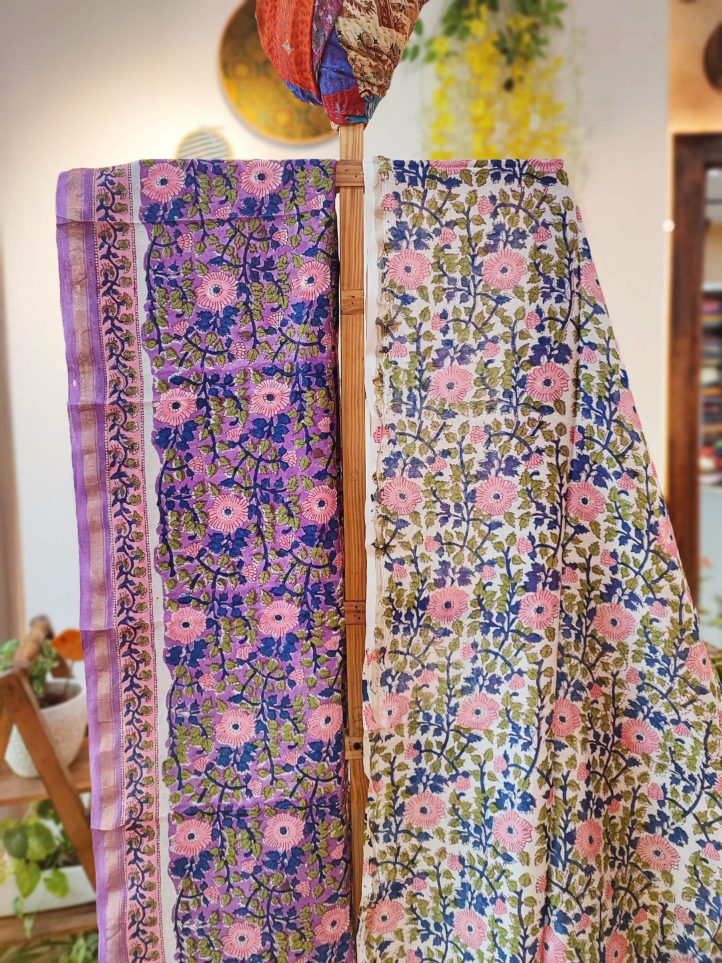 Purple, Blue & Peach Chanderi Silk Suit Set with Floral Handblock Print