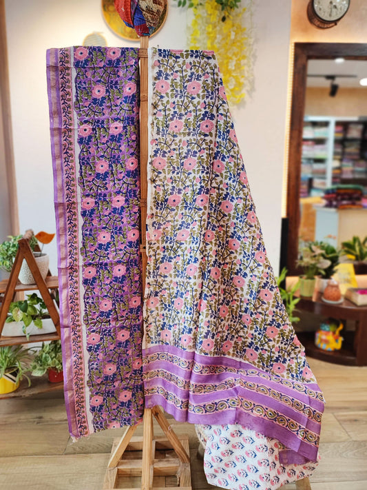 Purple, Blue & Peach Chanderi Silk Suit Set with Floral Handblock Print