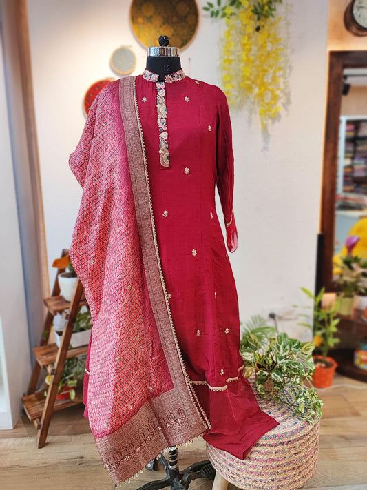 Soft Dola Silk Flowy Suit With Embroidery and Heavy Dupatta with Brocade Border and Cotton Bottom