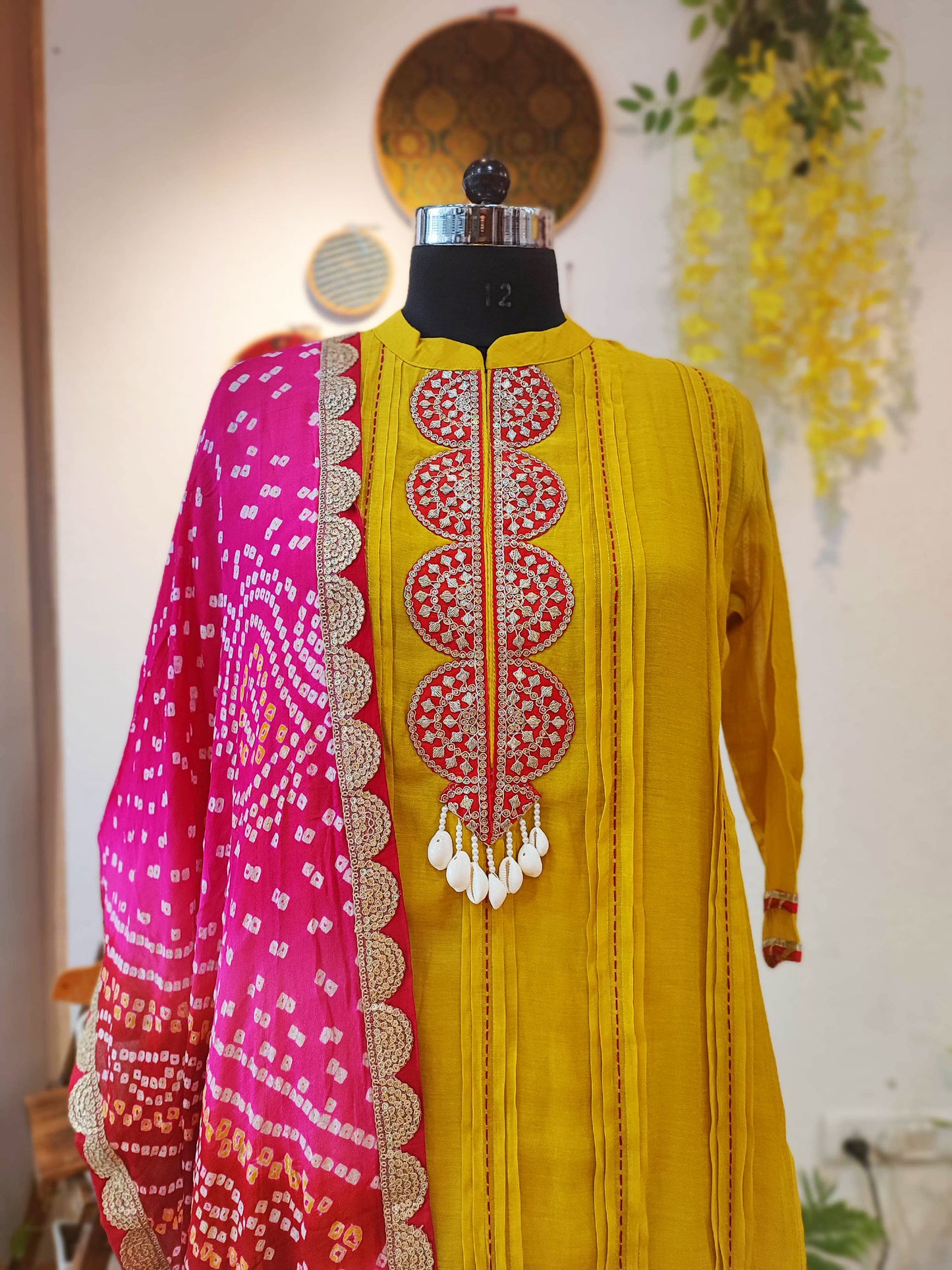 Soft Dola Silk Flowy Suit With Embroidery and Bandhej Dupatta With Gotta Border and Cotton Bottom