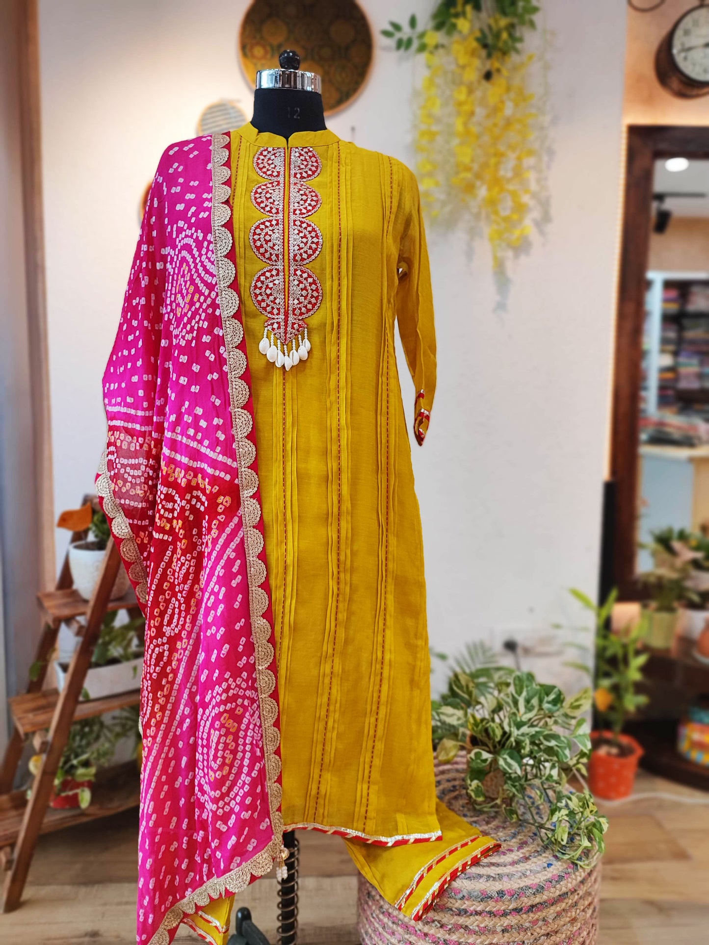 Soft Dola Silk Flowy Suit With Embroidery and Bandhej Dupatta With Gotta Border and Cotton Bottom