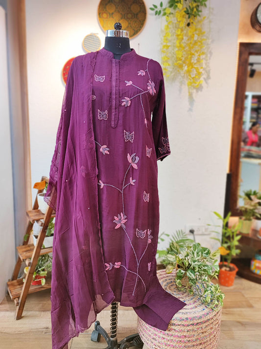 Plum Dola Silk Flowy Suit with Pearl Work and Chiffon Dupatta