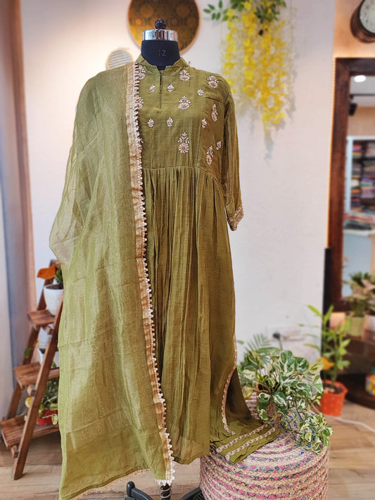 Olive Green Mul Chanderi Suit With Dabka Handwork and Tissue Silk Dupatta