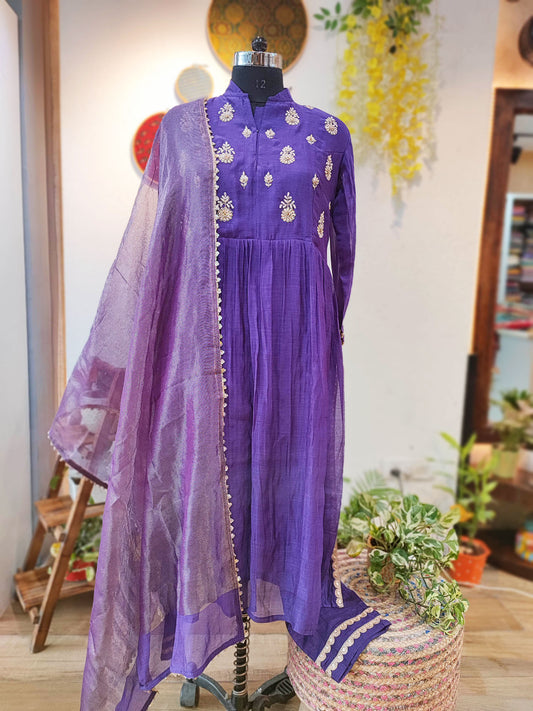 Purple Mul Chanderi Suit With Dabka Handwork and Tissue Silk Dupatta