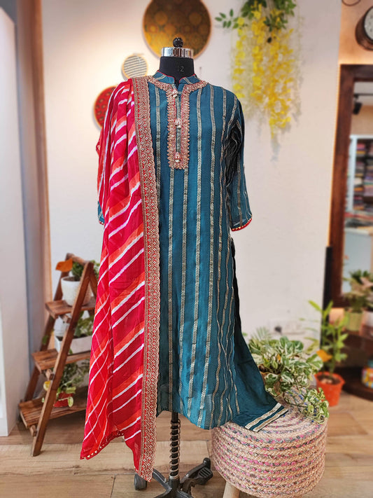 Ocean Green Mul Chanderi Suit With Dabka Handwork and Tissue Silk Dupatta