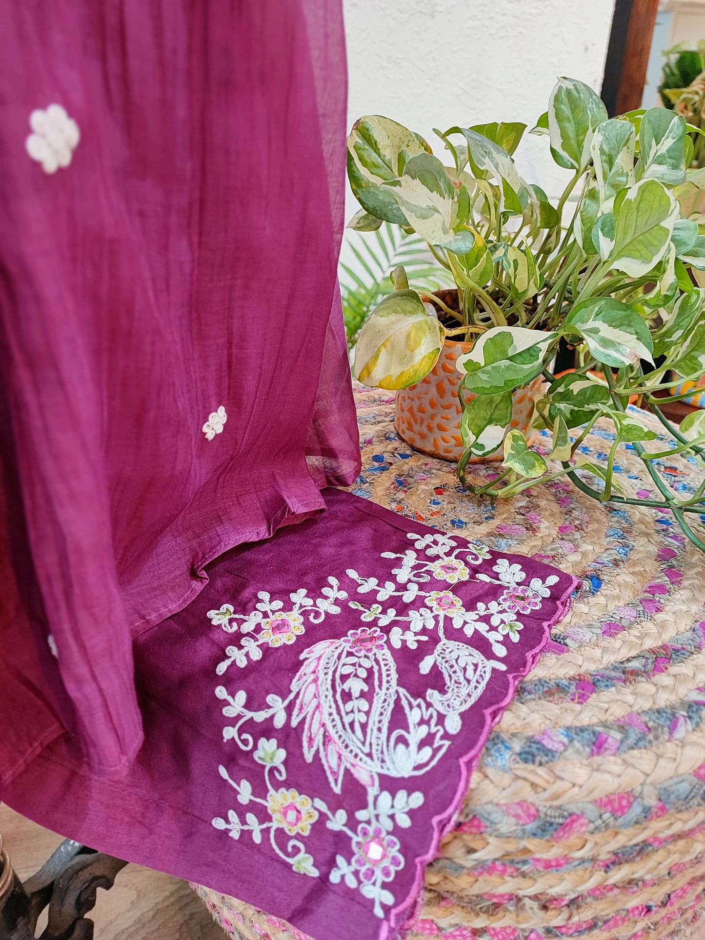 Wine Mul Chanderi Suit With Dabka Handwork and Tissue Silk Dupatta