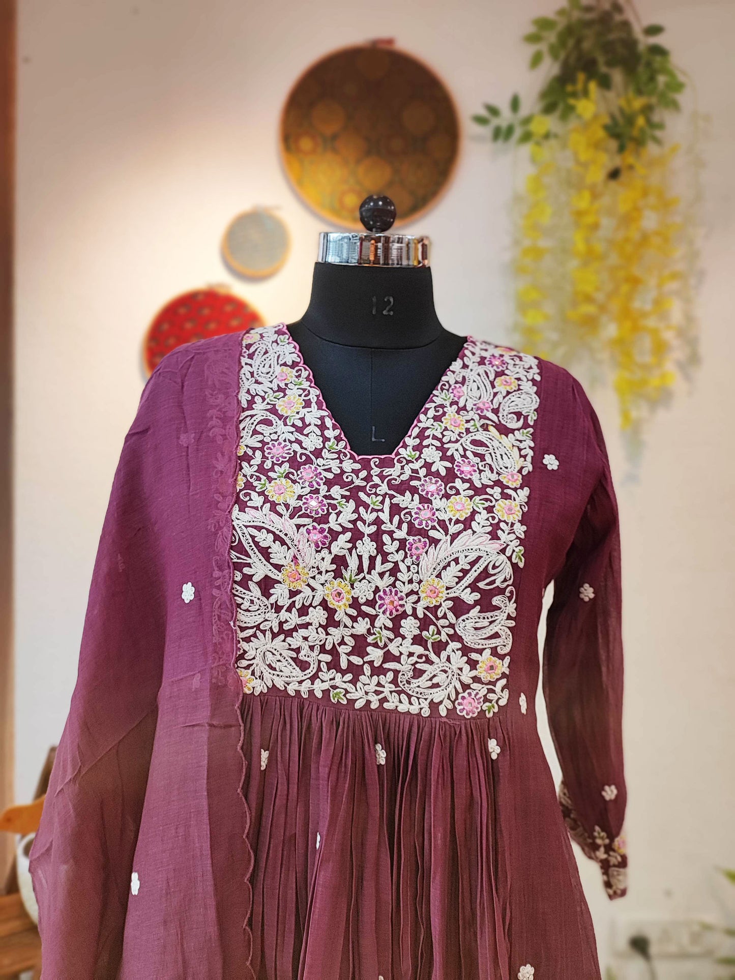 Wine Mul Chanderi Suit With Dabka Handwork and Tissue Silk Dupatta