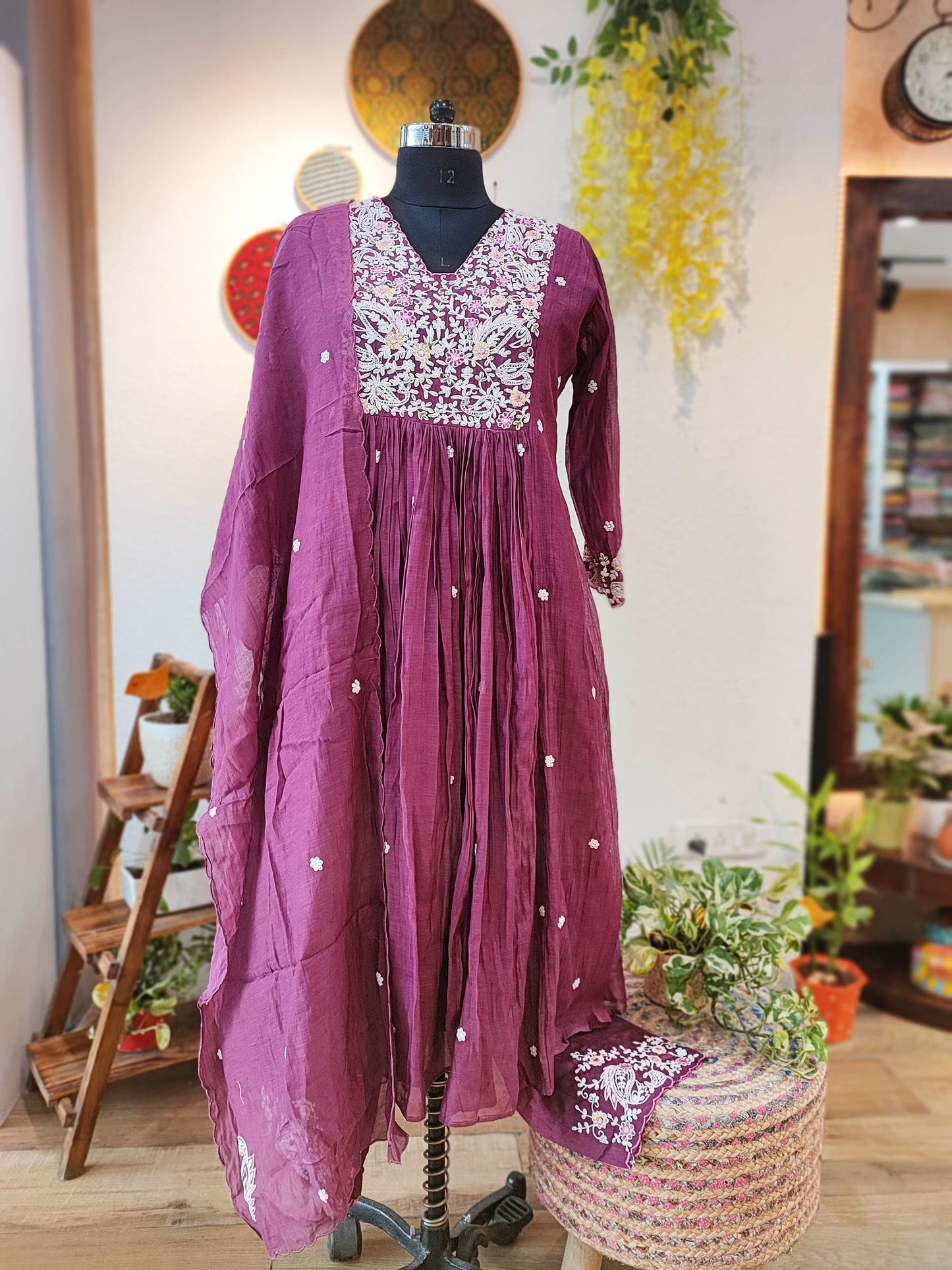 Wine Mul Chanderi Suit With Dabka Handwork and Tissue Silk Dupatta