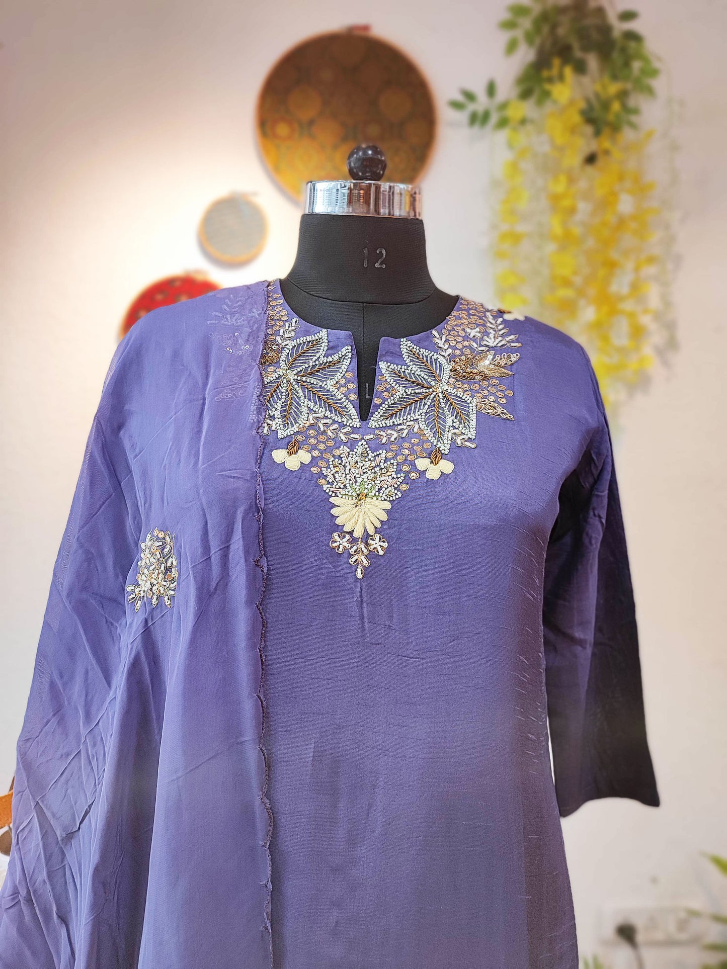 Bluish Purple Dola Silk Suit With Heavy Handwork and Dola Silk Dupatta