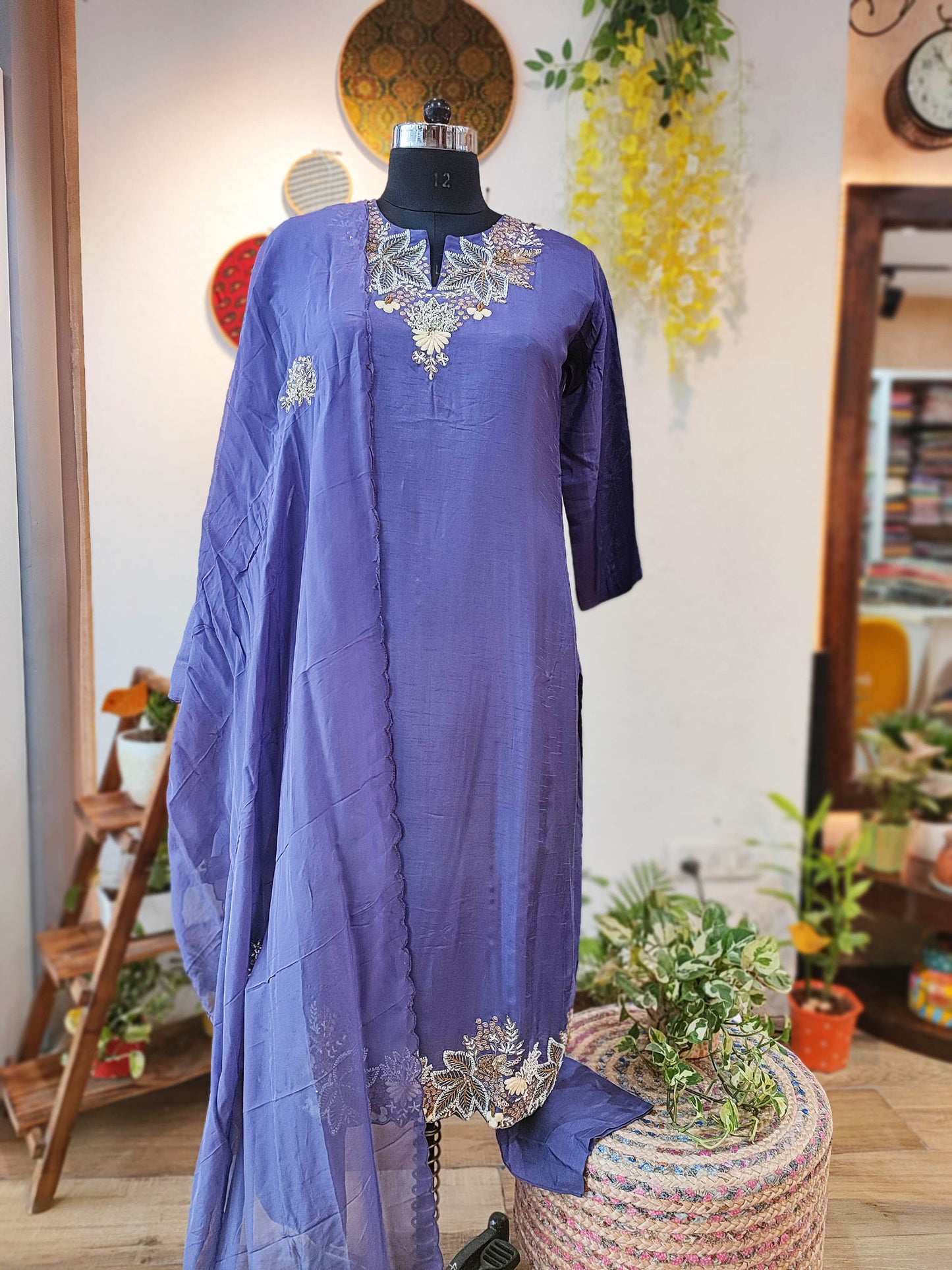 Bluish Purple Dola Silk Suit With Heavy Handwork and Dola Silk Dupatta