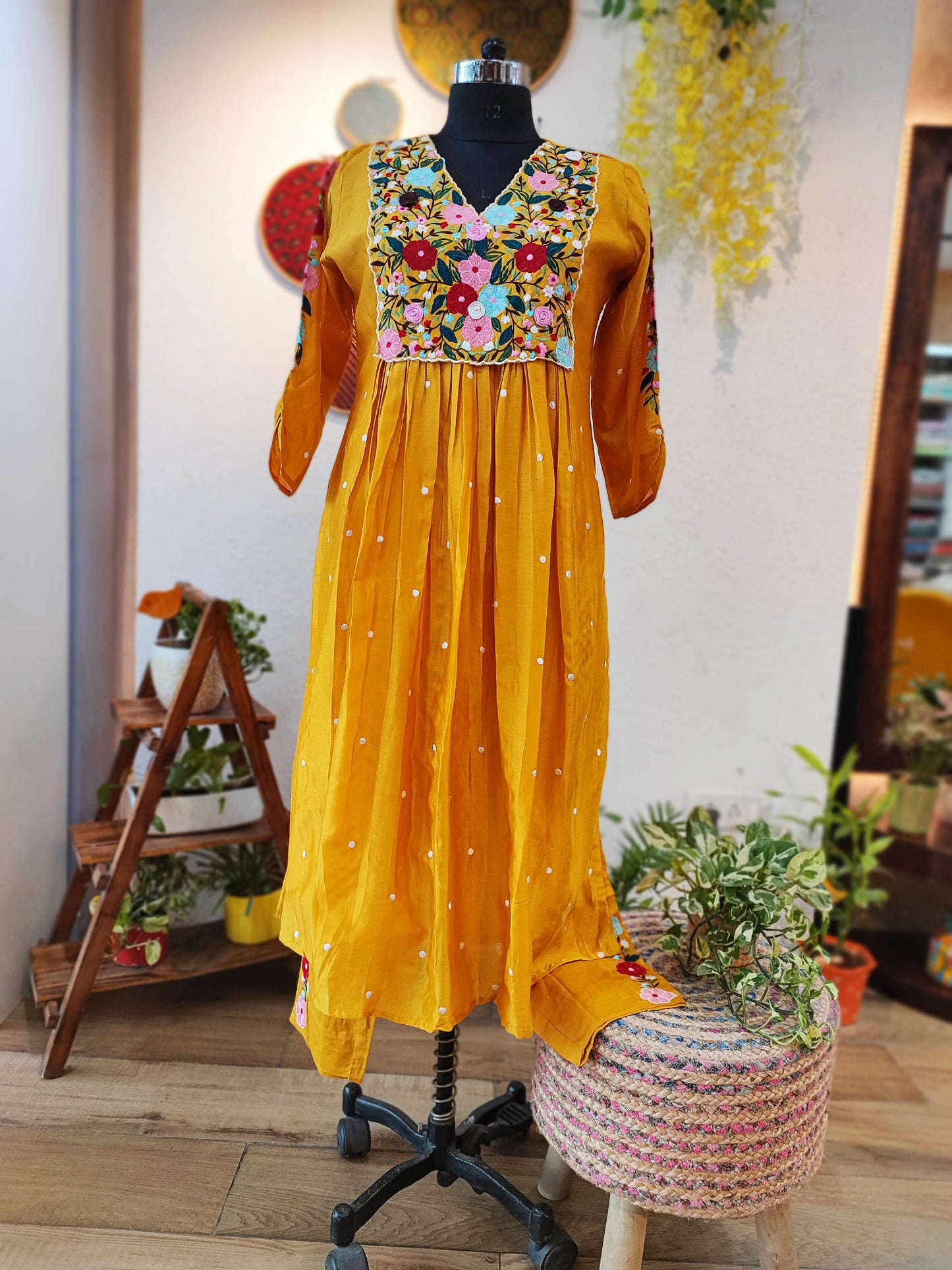 Gold Yellow Two Piece Chanderi Suit With Heavy Hand Embroidery with Cotton Bottom