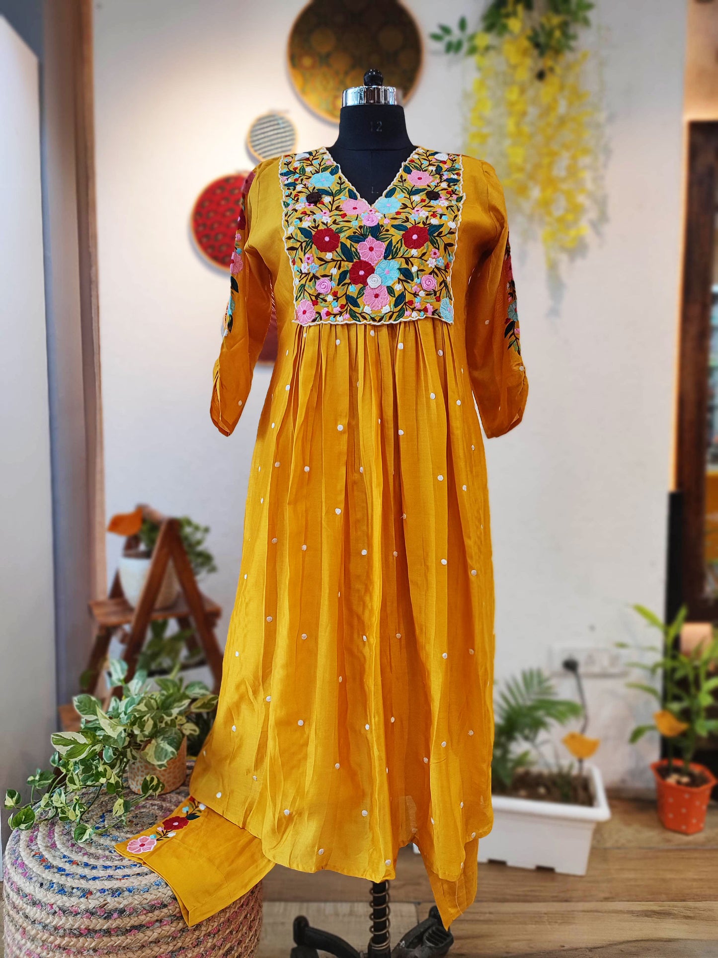 Gold Yellow Two Piece Chanderi Suit With Heavy Hand Embroidery with Cotton Bottom