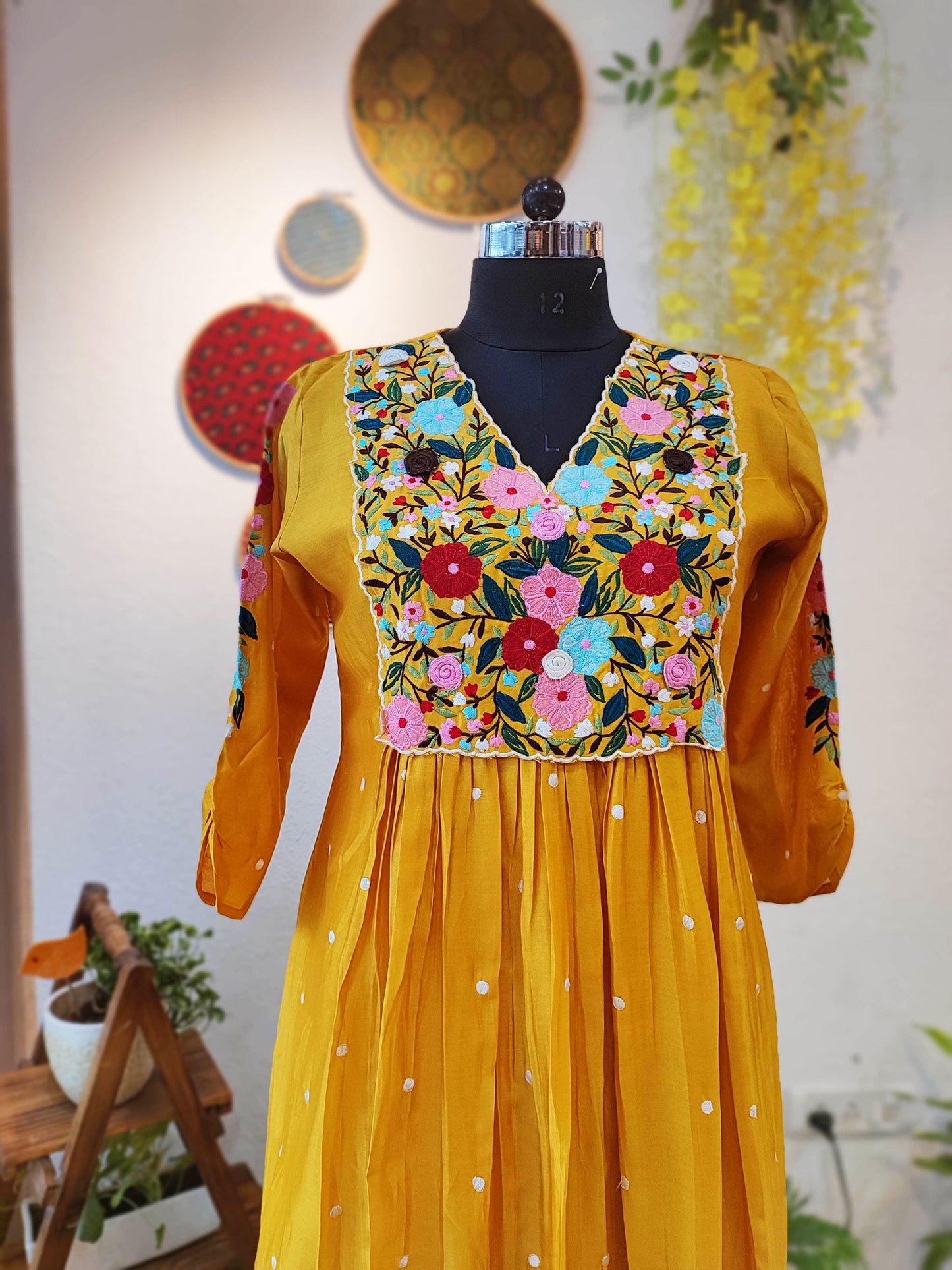 Gold Yellow Two Piece Chanderi Suit With Heavy Hand Embroidery with Cotton Bottom