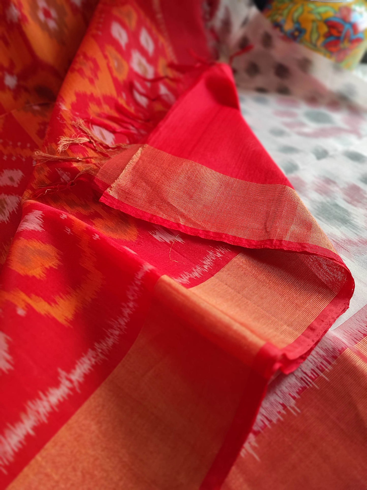 Red & White Vibrant Pochampalli Ikkat Silk Saree (SICO) With Contrast Blouse