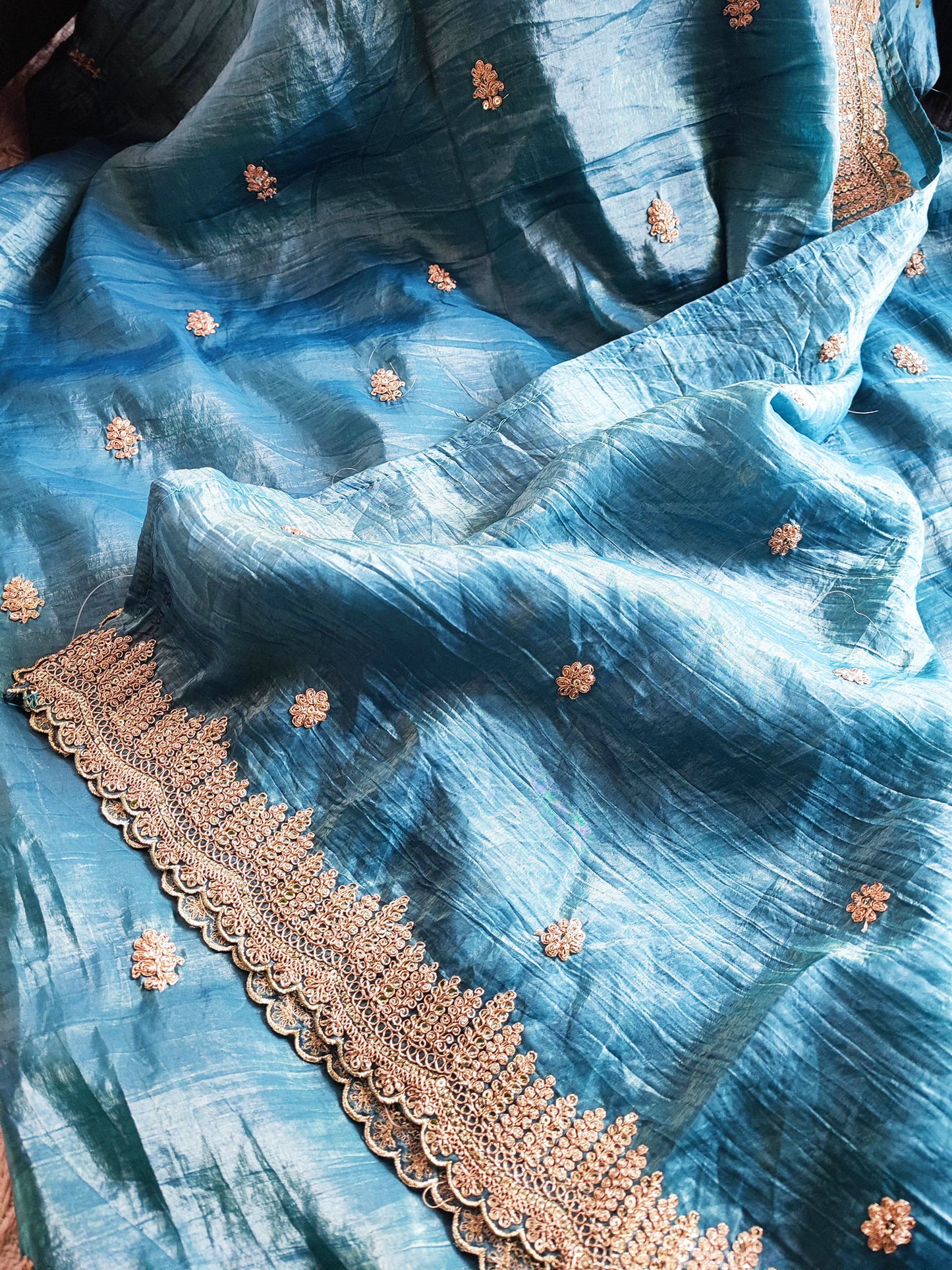 Organza Tissue Silk Saree With Golden Embroided Motifs and Cutwork Embroided Border