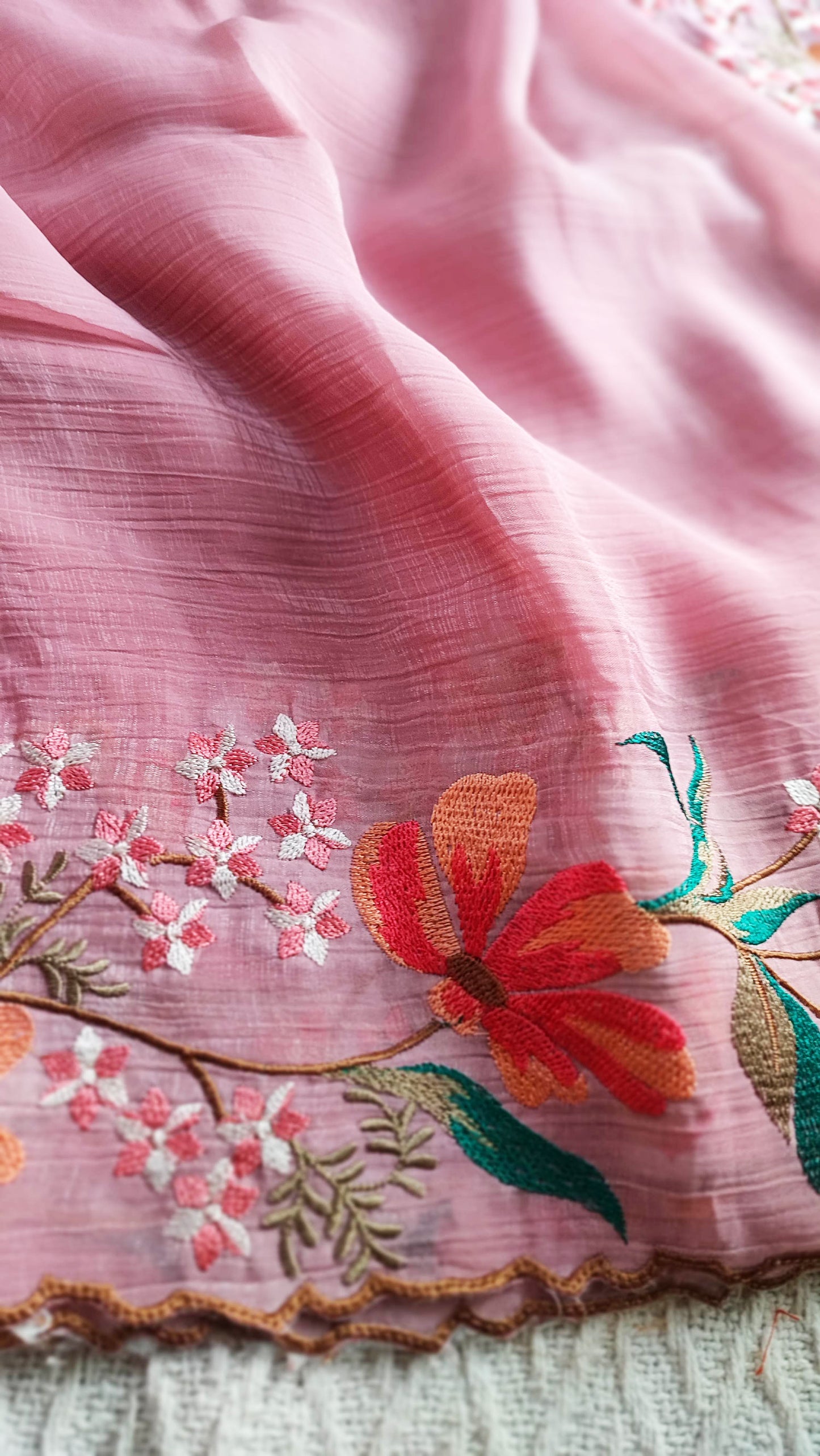 Flamingo Pink Crushed Organza Tissue Silk Saree With Cut Work & Embroidery