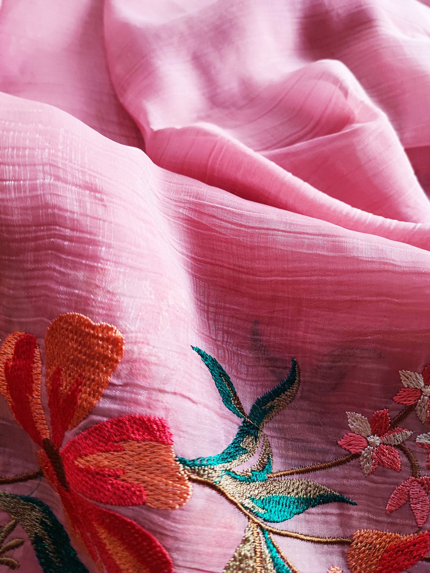 Flamingo Pink Crushed Organza Tissue Silk Saree With Cut Work & Embroidery