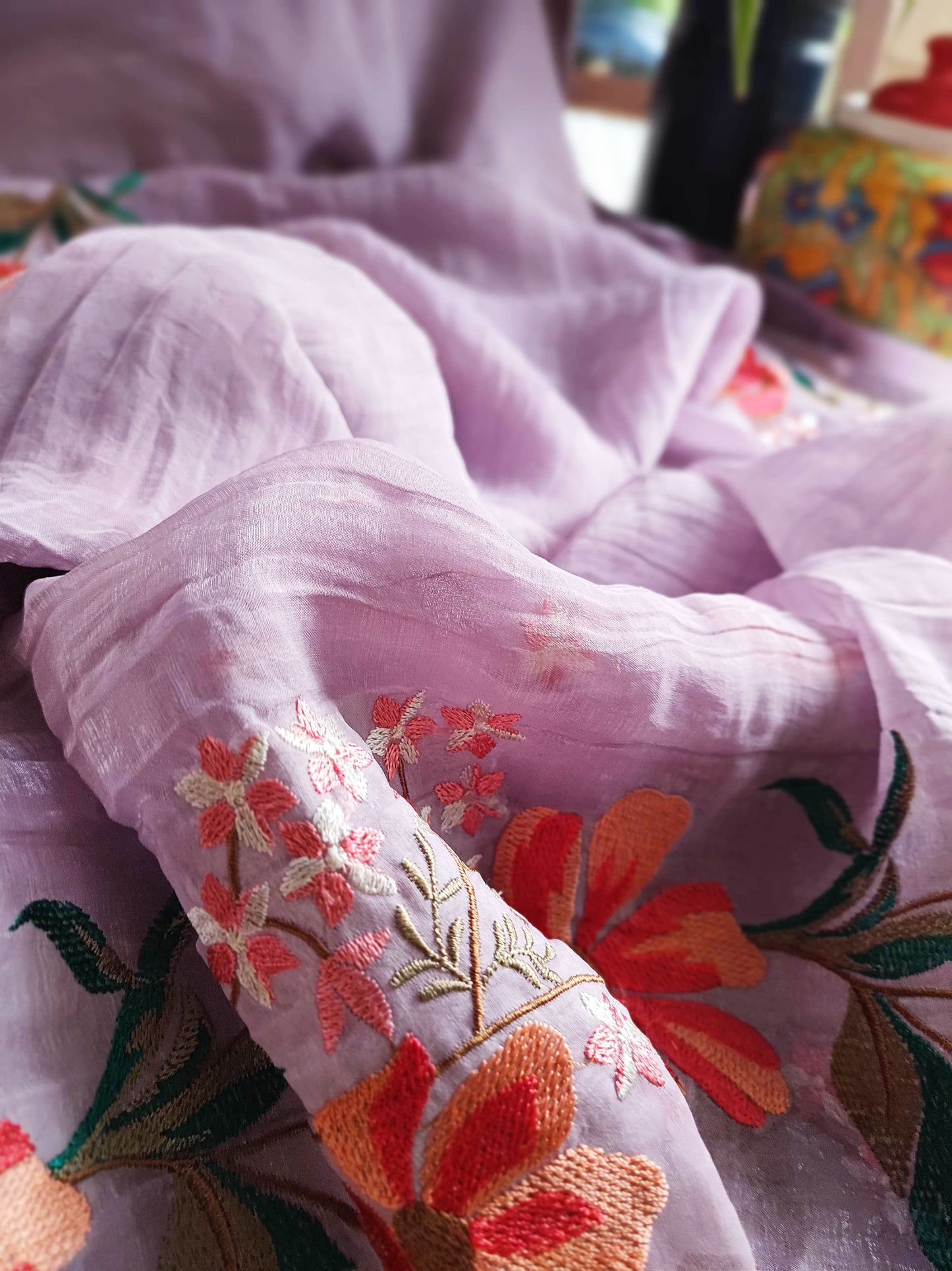 Lavender Crushed Organza Tissue Silk Saree With Cut Work & Embroidery