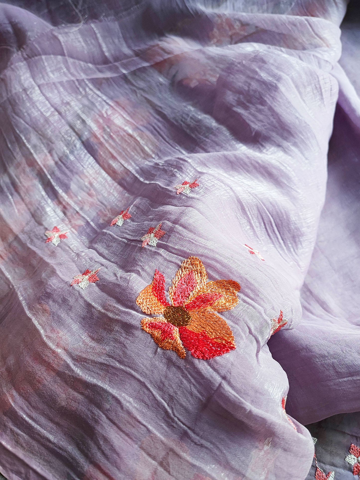 Lavender Crushed Organza Tissue Silk Saree With Cut Work & Embroidery