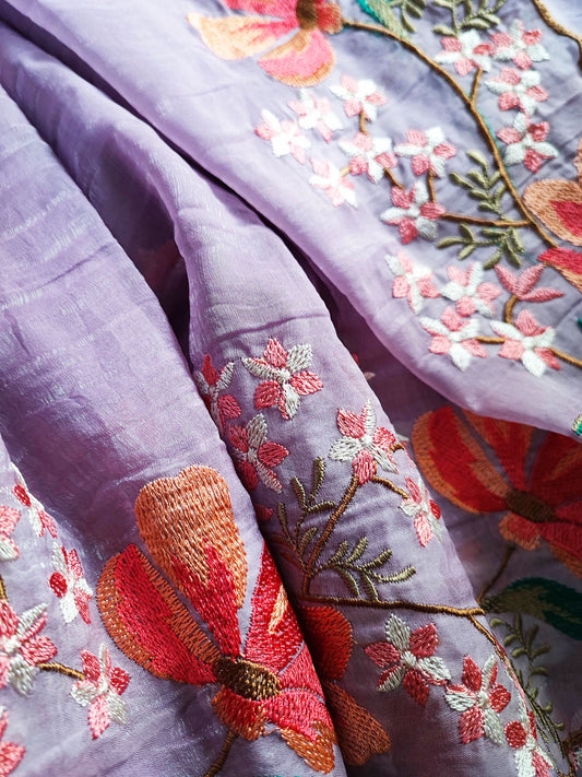 Lavender Crushed Organza Tissue Silk Saree With Cut Work & Embroidery