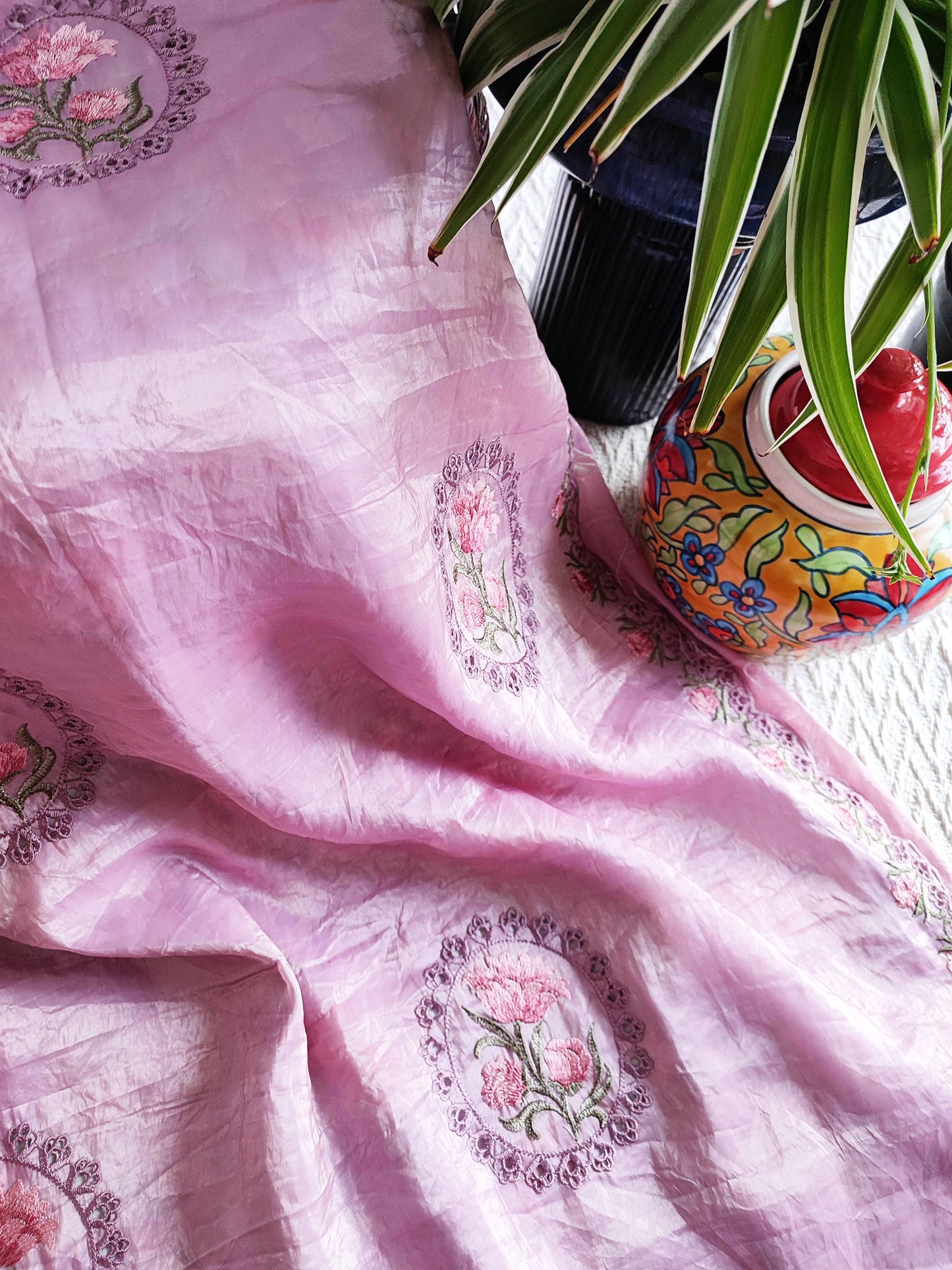 Blush Pink Crushed Organza Tissue Silk Saree With Cut Work & Embroidery