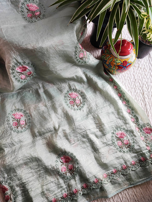 Light Gray Crushed Organza Tissue Silk Saree With Cut Work & Embroidery