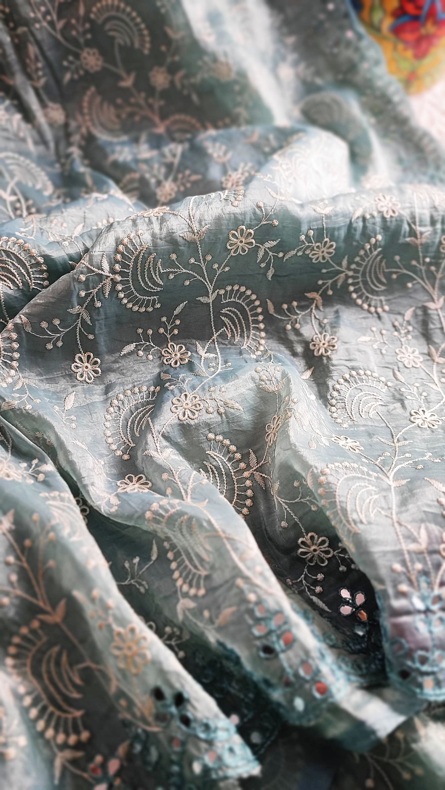 Steel Gray Crushed Organza Tissue Silk Saree With All Over Jaal Embroidery