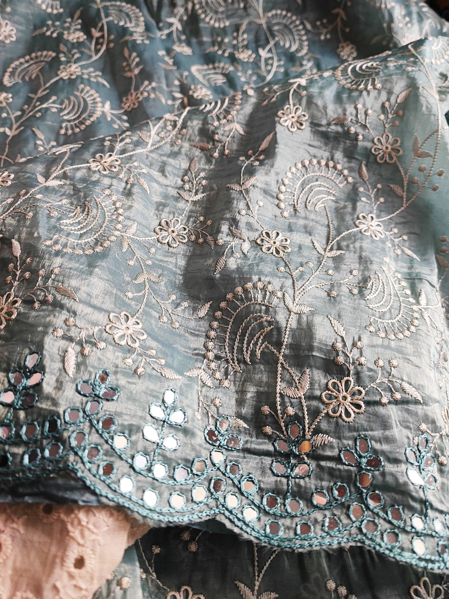 Steel Gray Crushed Organza Tissue Silk Saree With All Over Jaal Embroidery