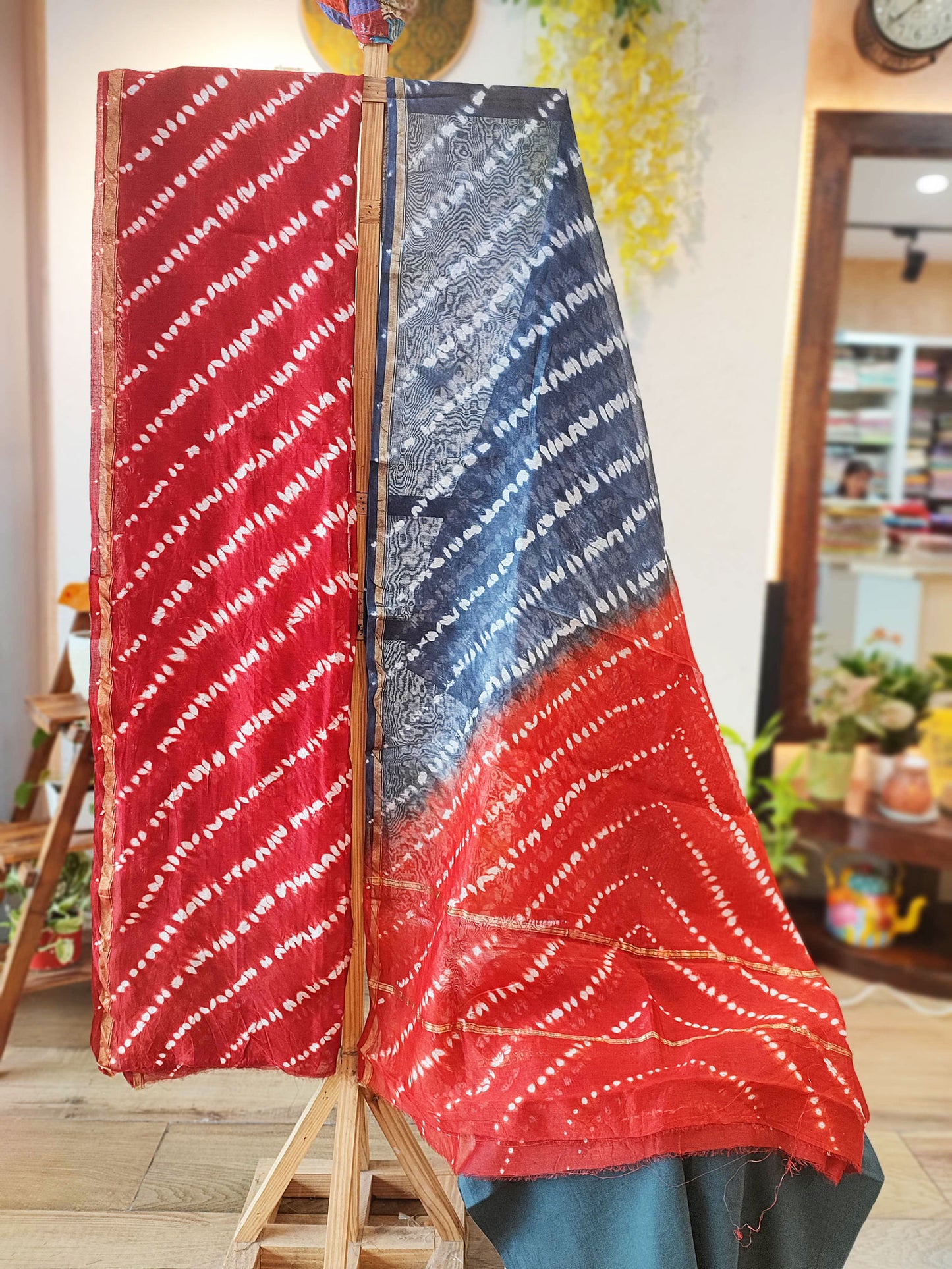 Red & Steel Gray Dual Shade Chanderi Silk Suit with Shibori Work and Chanderi Silk Dupatta