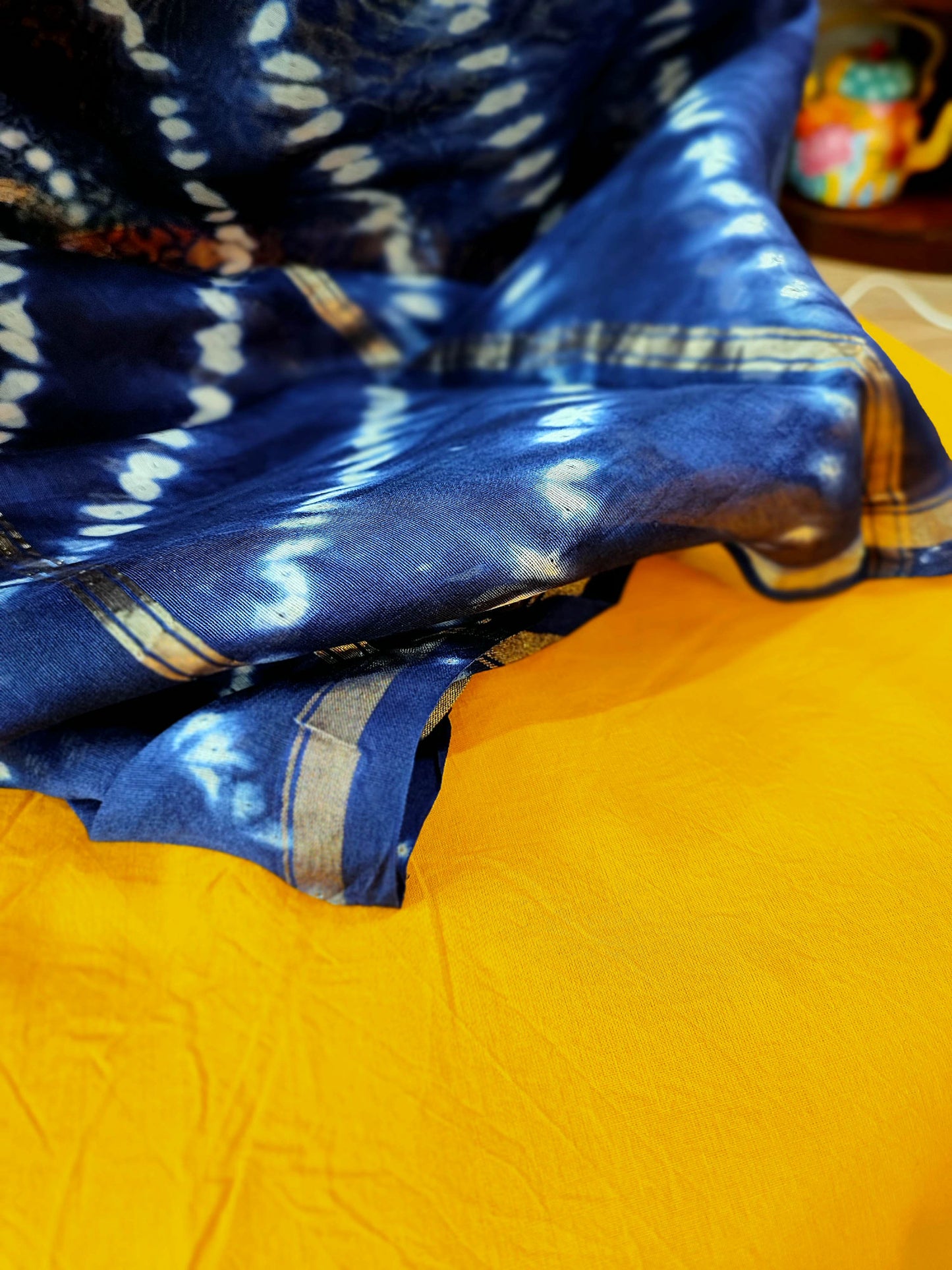 Yellow and Blue Dual Shade Chanderi Silk Suit with Shibori Work and Chanderi Silk Dupatta